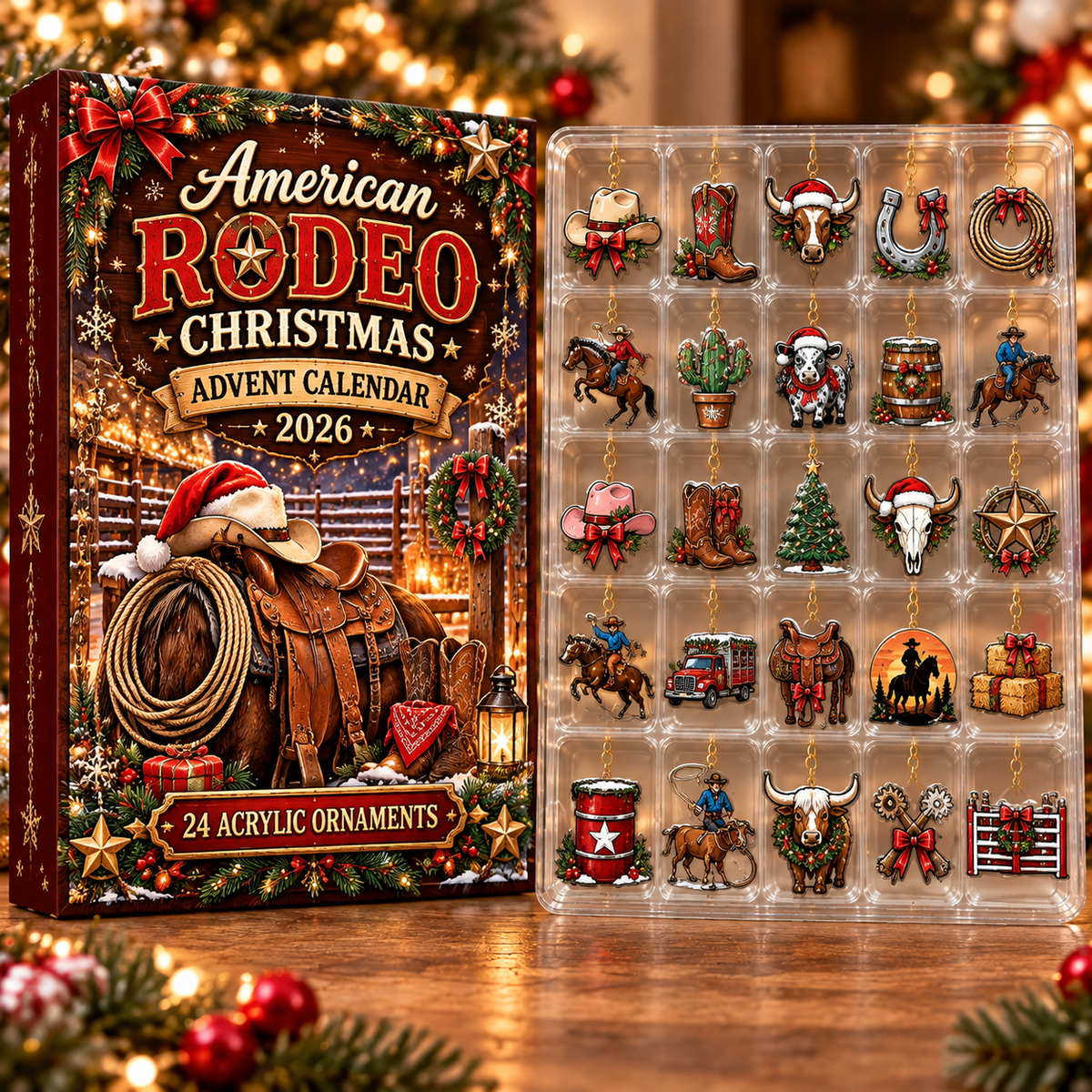 American Rodeo Evergreen Advent Calendar HFN Gen Acrylic Ornament, Western Cowboy Holiday Tree Decoration