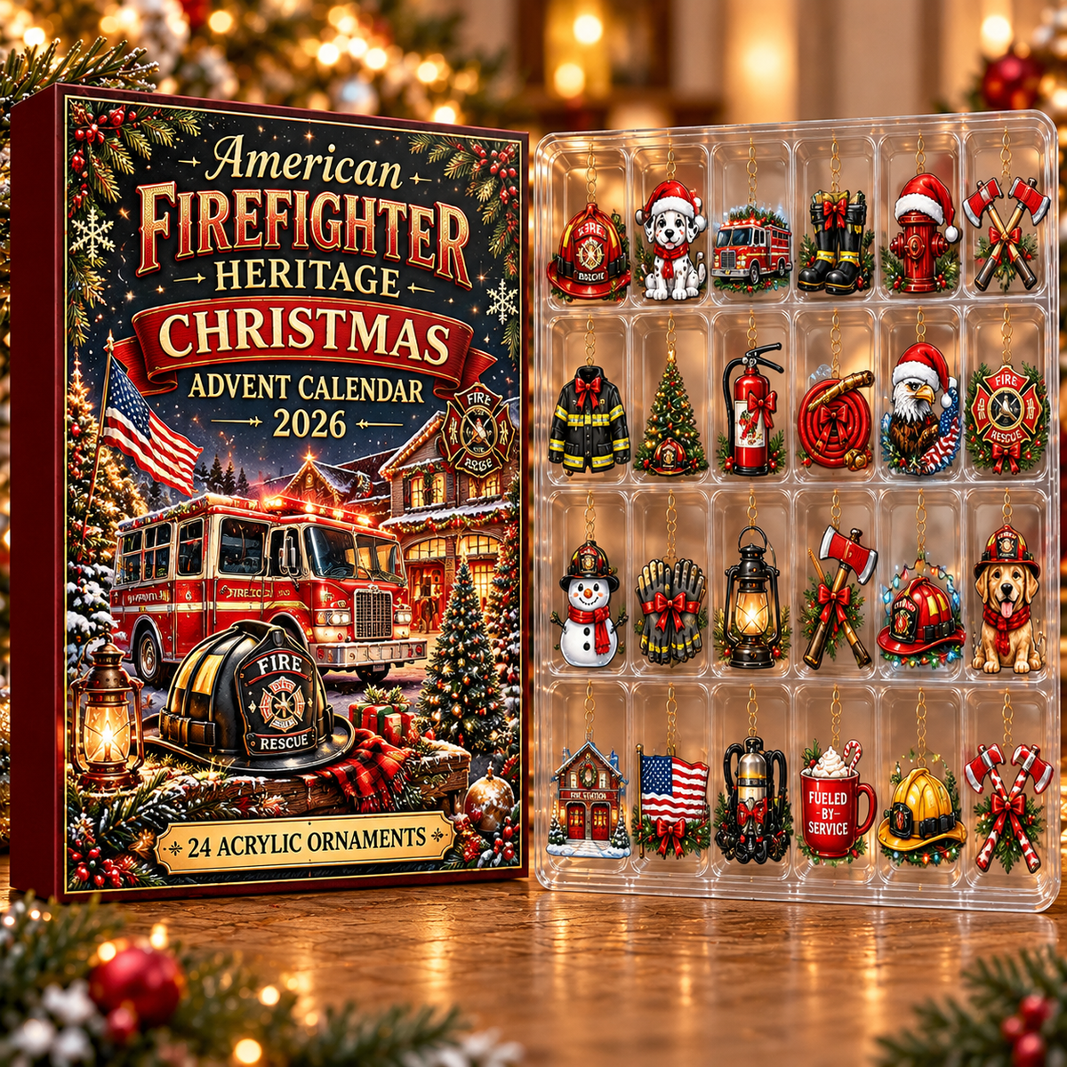 American Firefighter Heritage Evergreen Advent Calendar HFN Gen Acrylic Ornament, Fire Rescue Christmas Tree Tribute