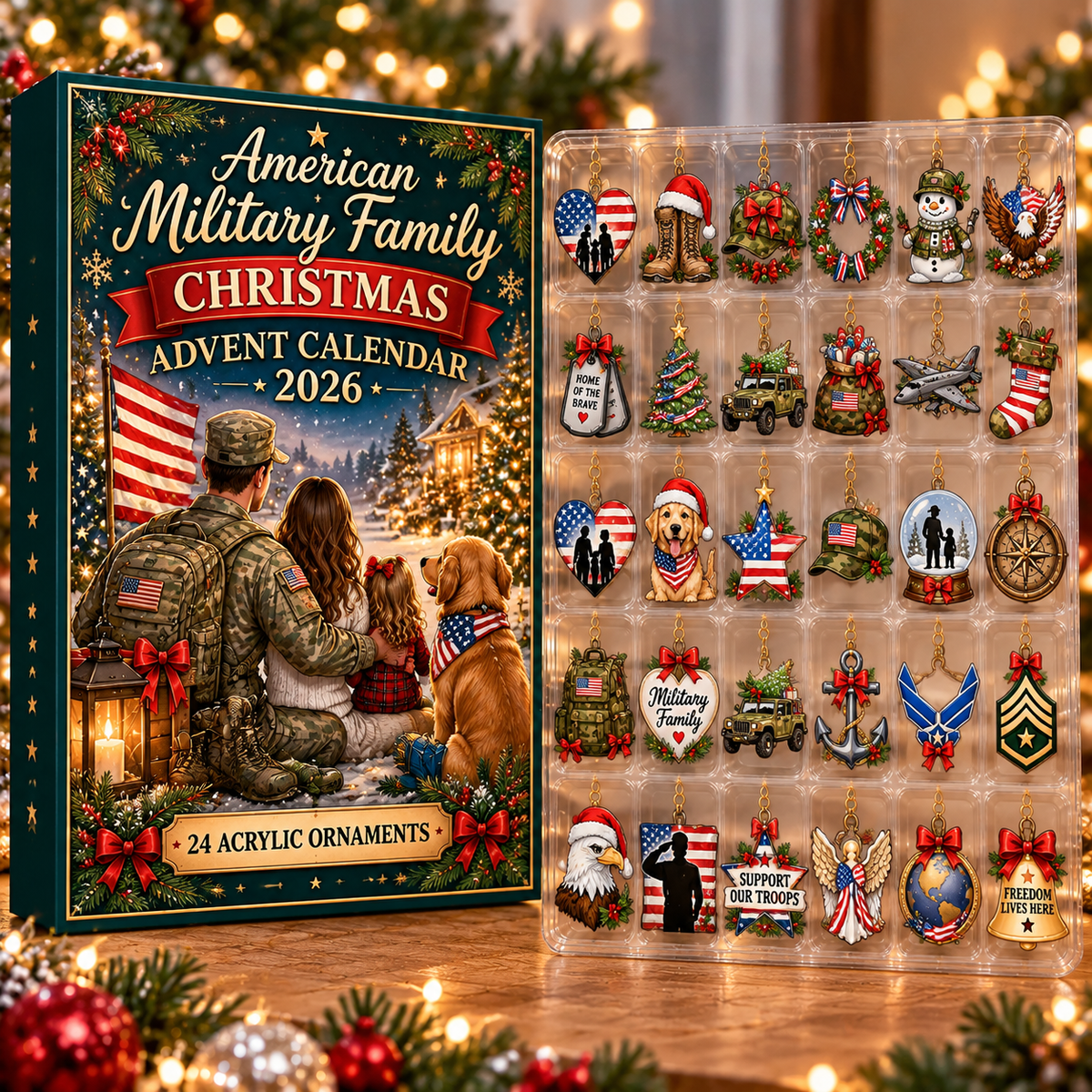 American Military Family Evergreen Advent Calendar HFN Gen Acrylic Ornament, Patriotic Service Christmas Tree Keepsake