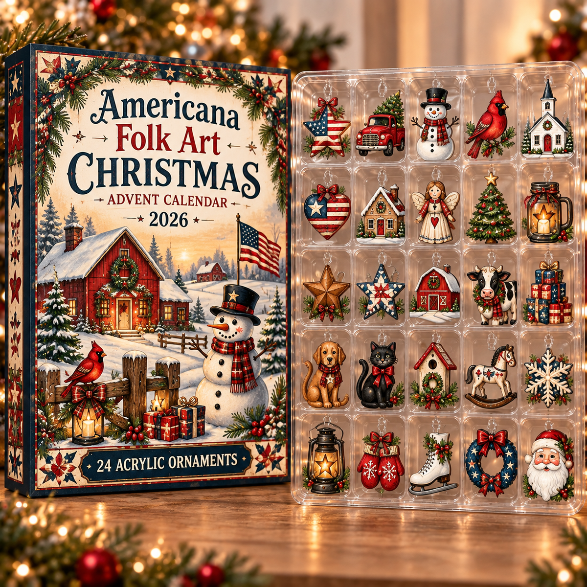 Americana Folk Art Evergreen Advent Calendar HFN Gen Acrylic Ornament, Traditional Rustic Christmas Tree Decoration