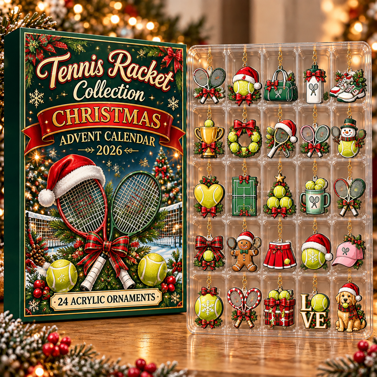 Tennis Racket Collection Evergreen Advent Calendar HFN Gen Acrylic Ornament