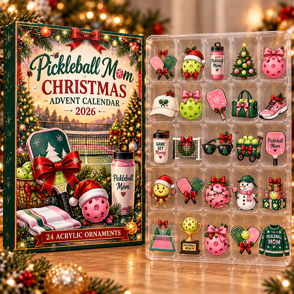 Pickleball Mom Evergreen Advent Calendar HFN Gen Acrylic Ornament