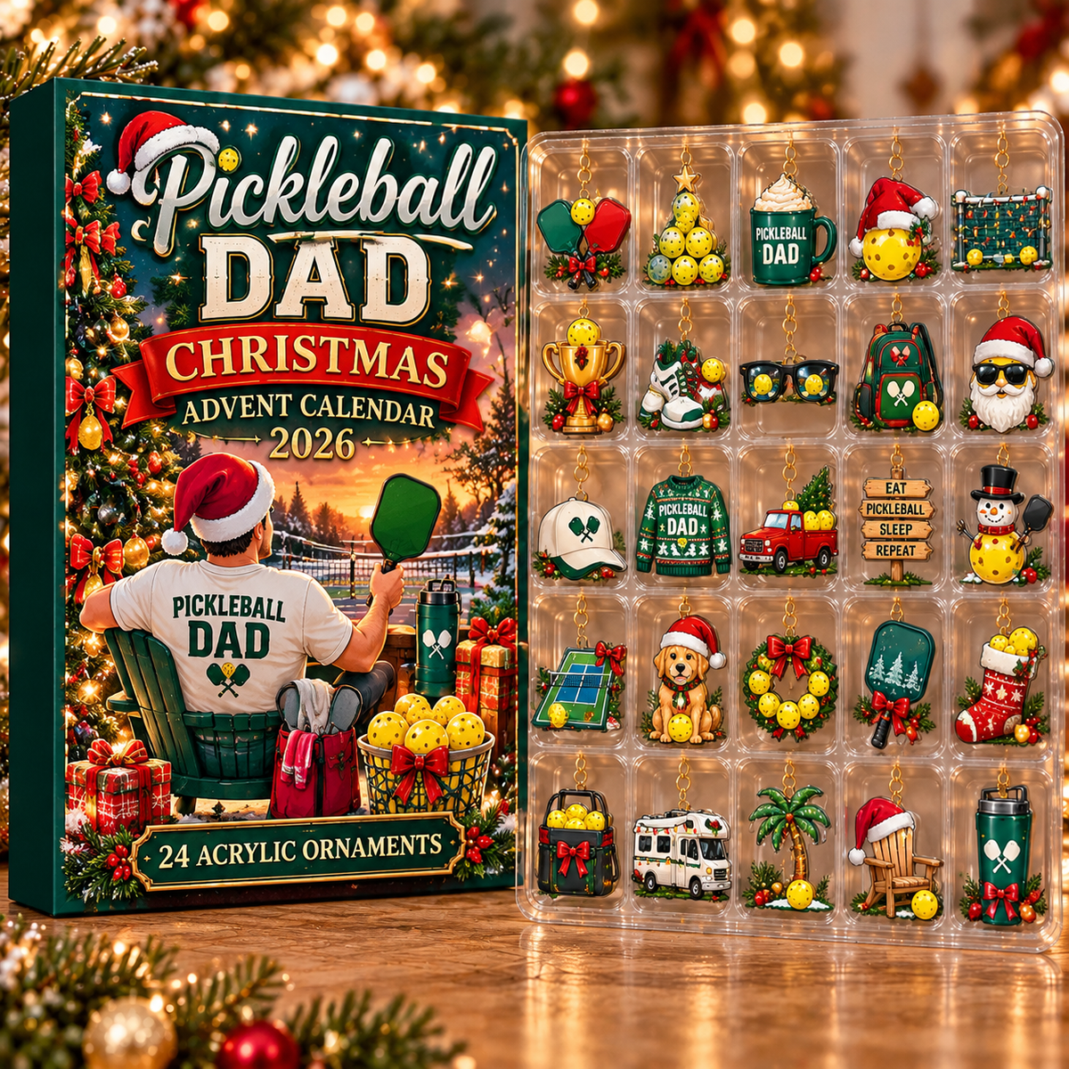 Pickleball Dad Evergreen Advent Calendar HFN Gen Acrylic Ornament