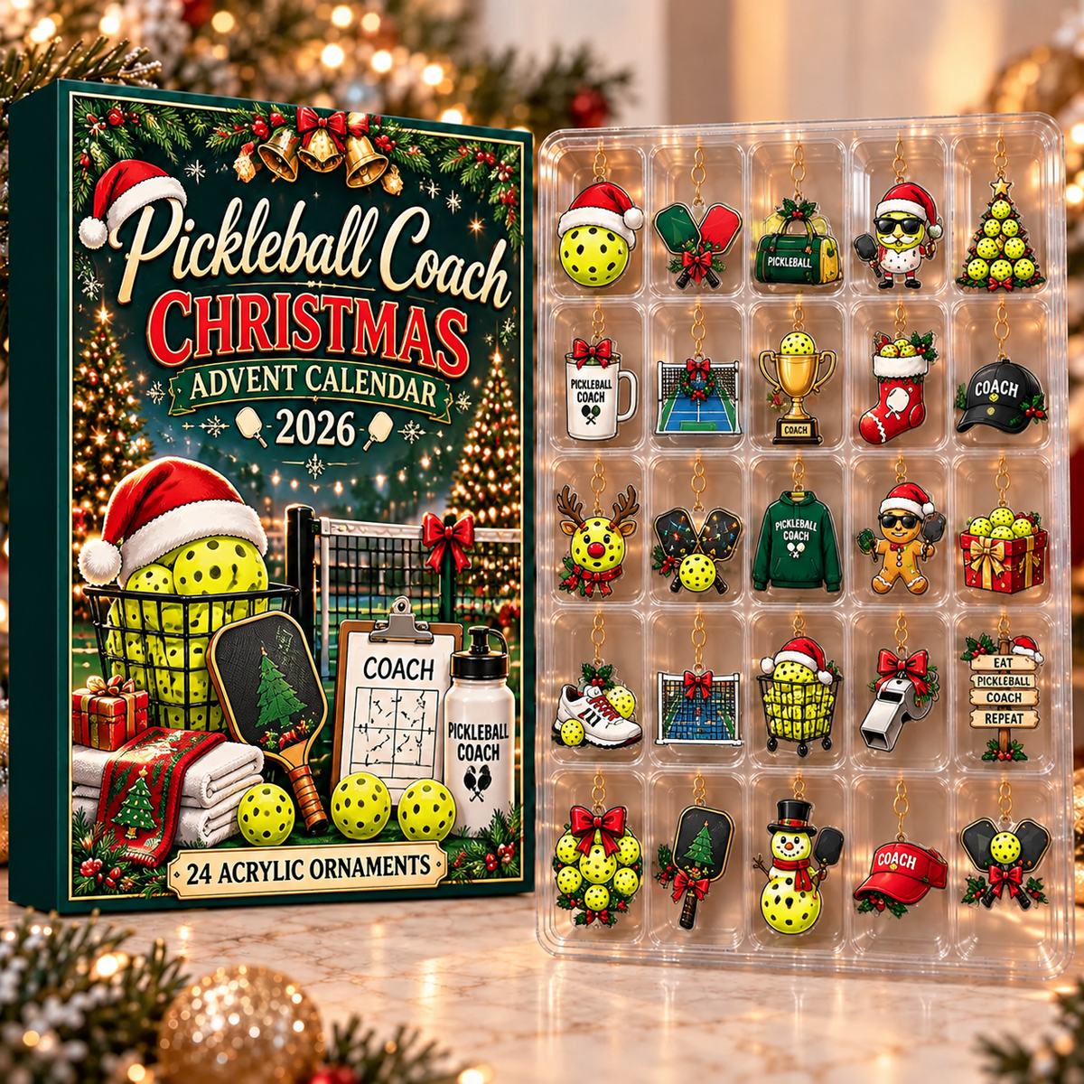 Pickleball Coach Evergreen Advent Calendar HFN Gen Acrylic Ornament