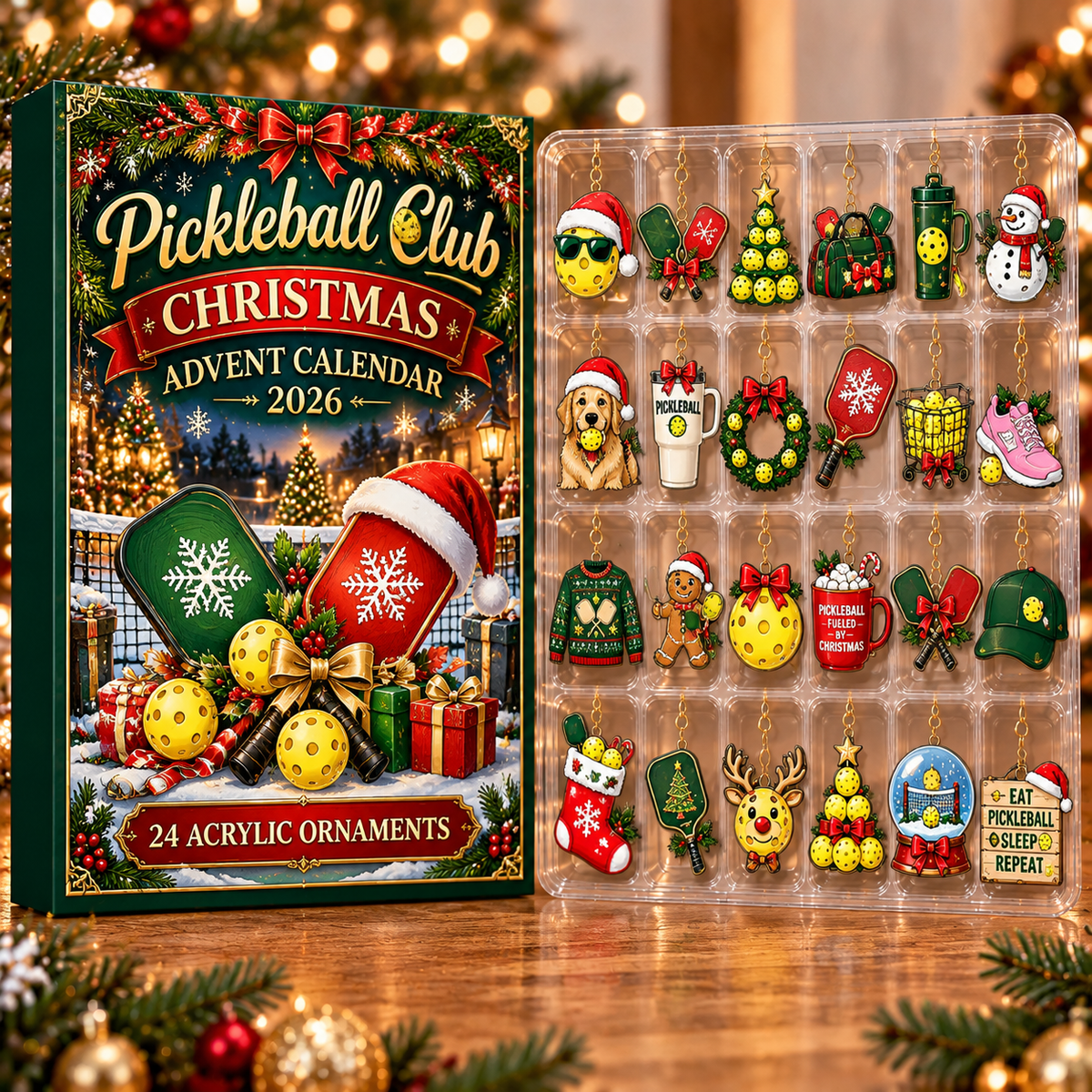 Pickleball Club Evergreen Advent Calendar HFN Gen Acrylic Ornament