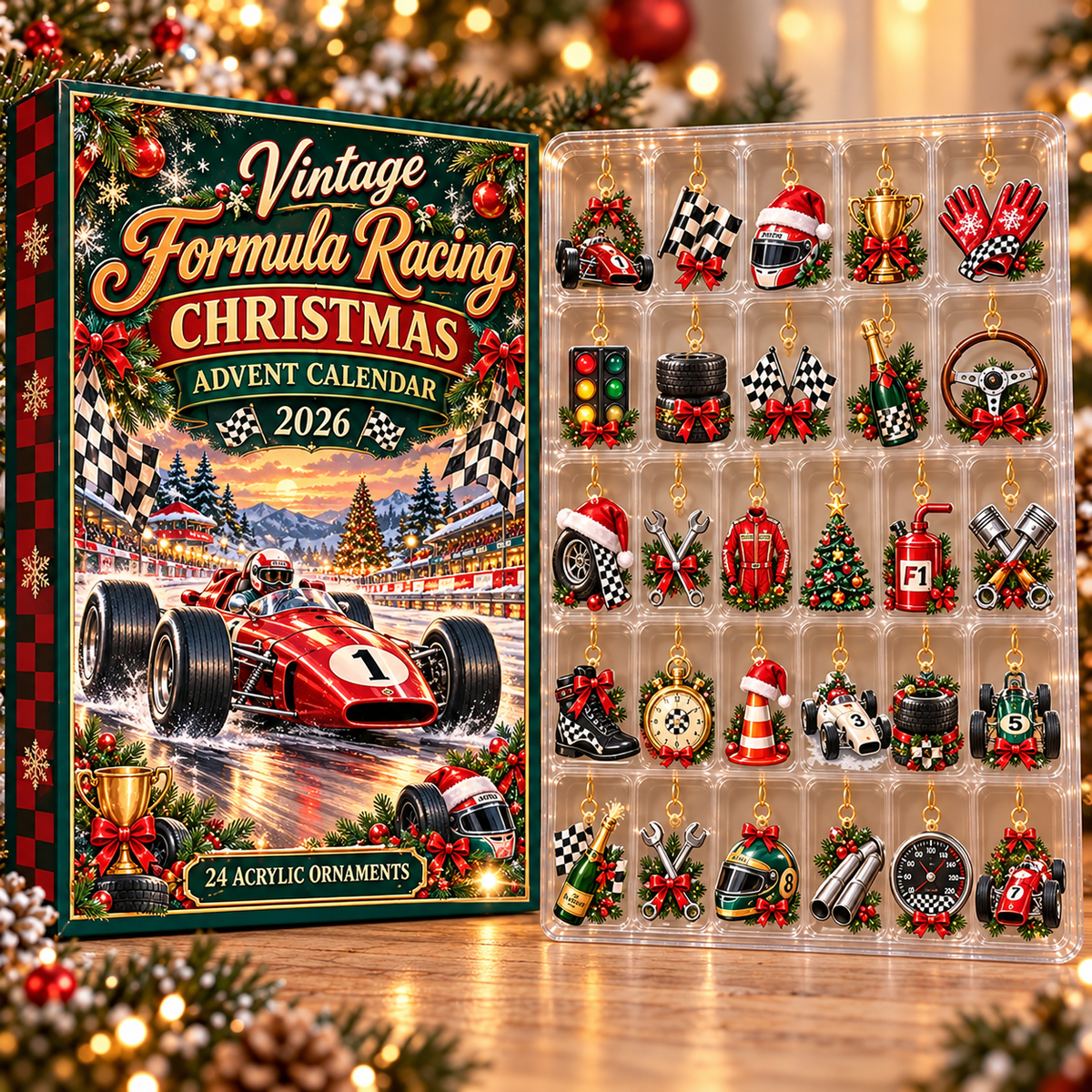 Vintage Formula Racing Evergreen Advent Calendar HFN Gen Acrylic Ornament