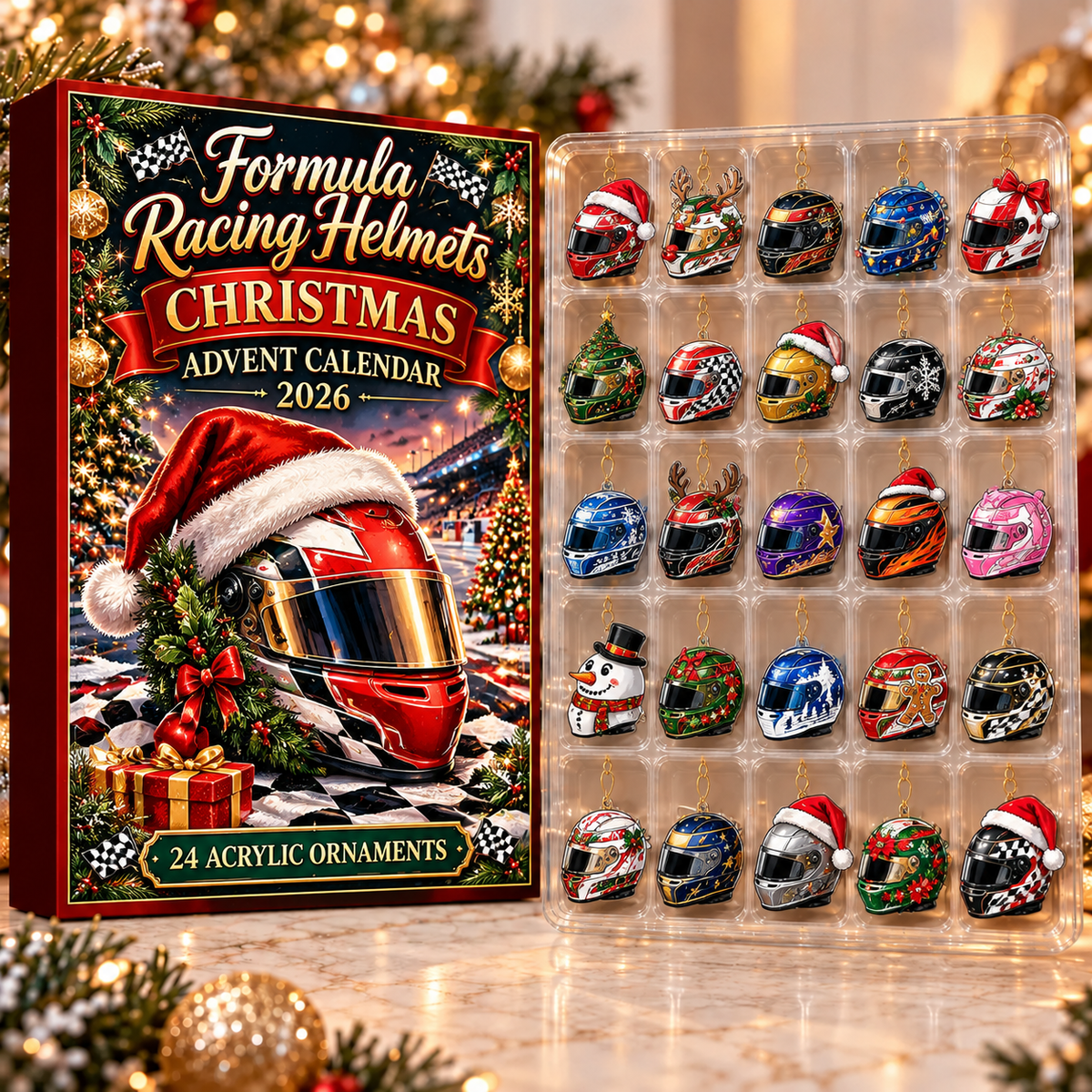 Formula Racing Helmets Evergreen Advent Calendar HFN Gen Acrylic Ornament