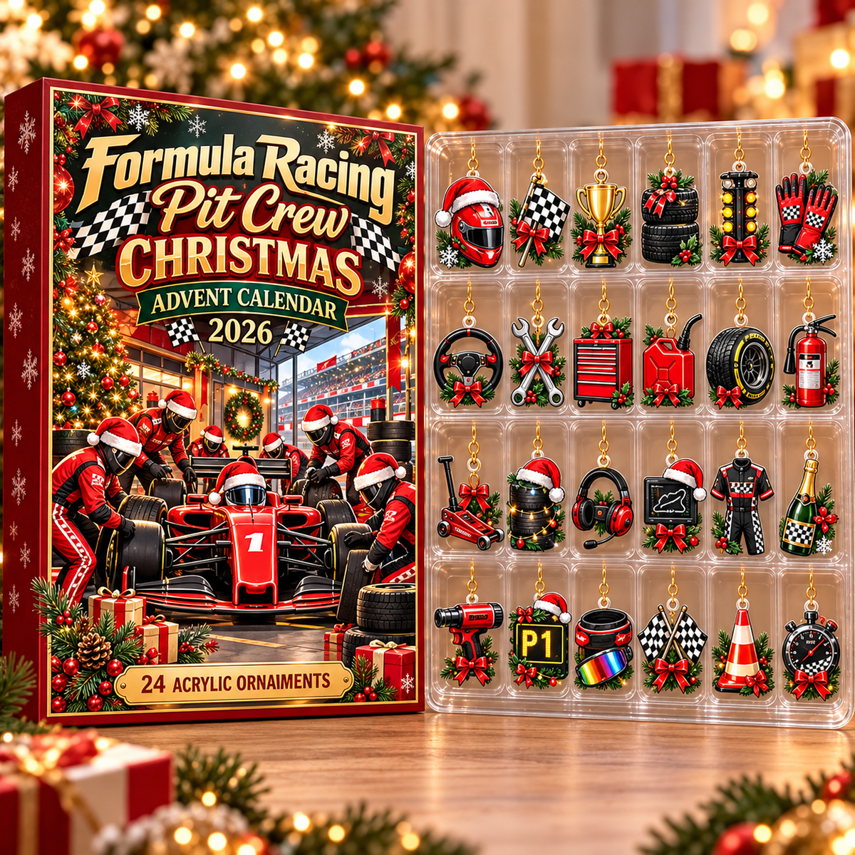 Formula Racing Pit Crew Evergreen Advent Calendar HFN Gen Acrylic Ornament