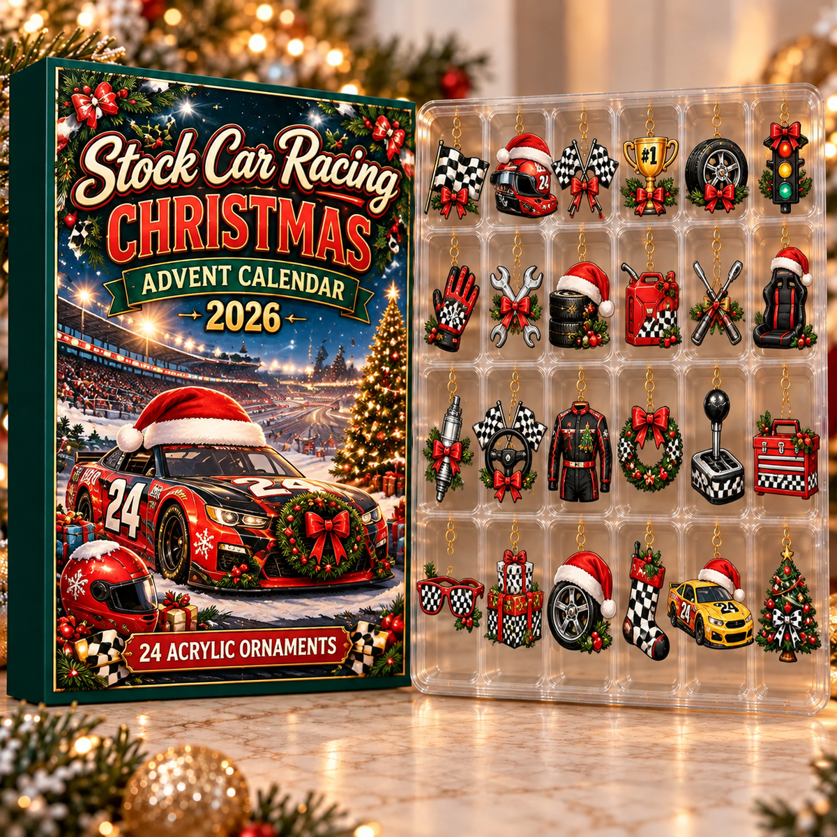 Stock Car Racing Evergreen Advent Calendar HFN Gen Acrylic Ornament