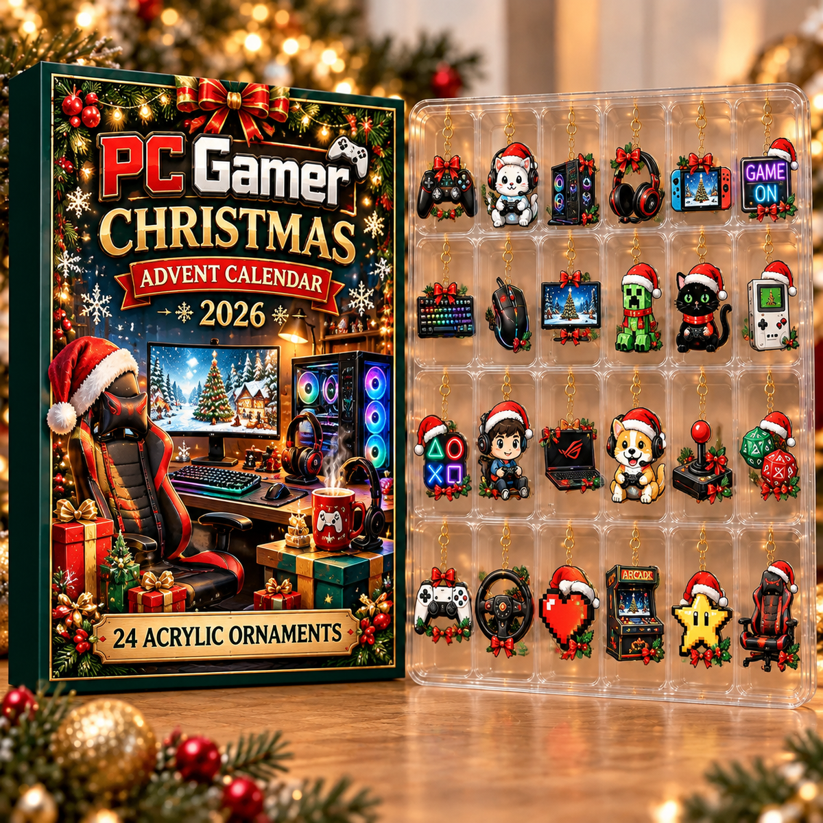 Pc Gamer Evergreen Advent Calendar HFN Gen Acrylic Ornament, Computer Gaming Desk Decor, Christmas Gift