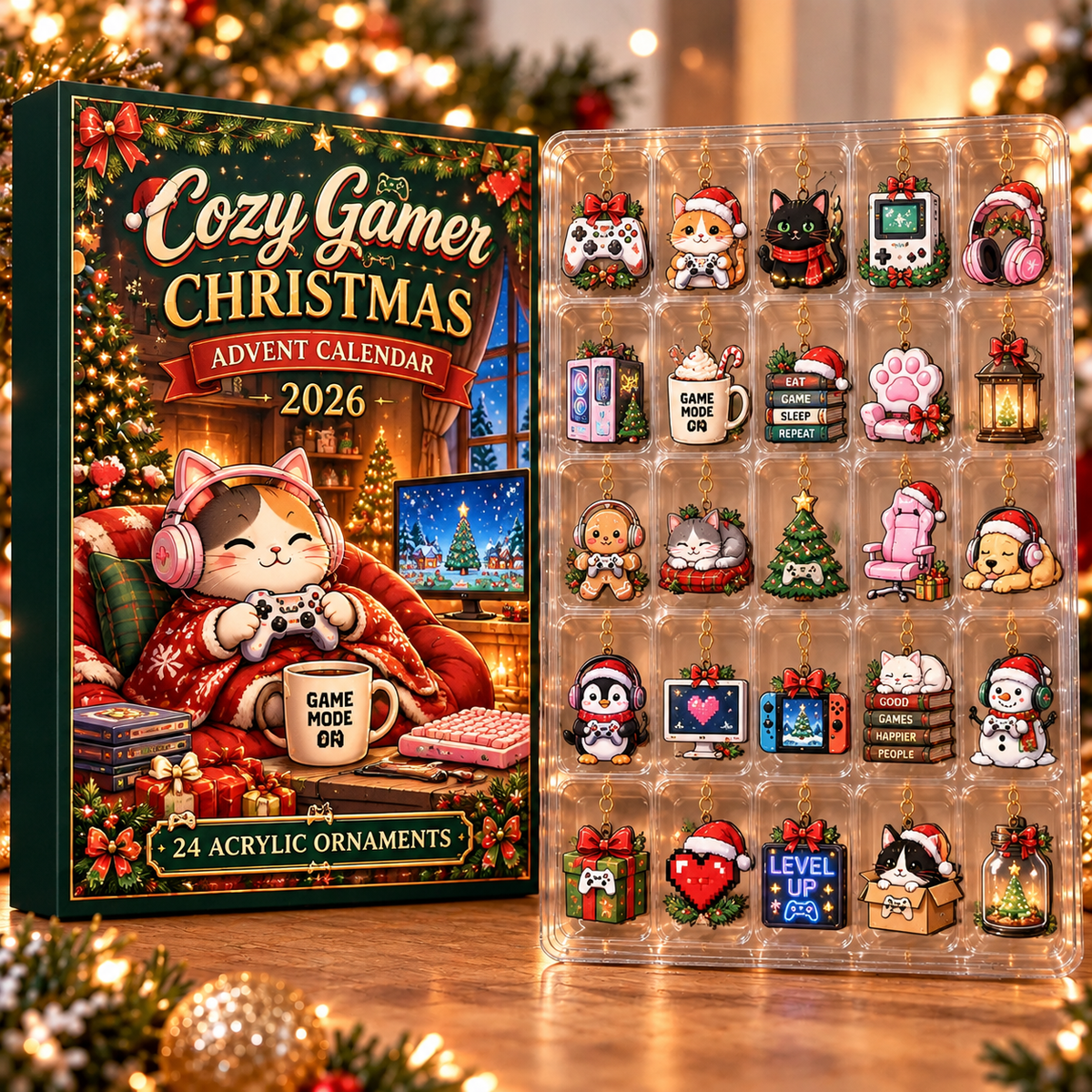 Cozy Gamer Evergreen Advent Calendar HFN Gen Acrylic Ornament, Cute Relaxing Video Game Holiday Room Decor