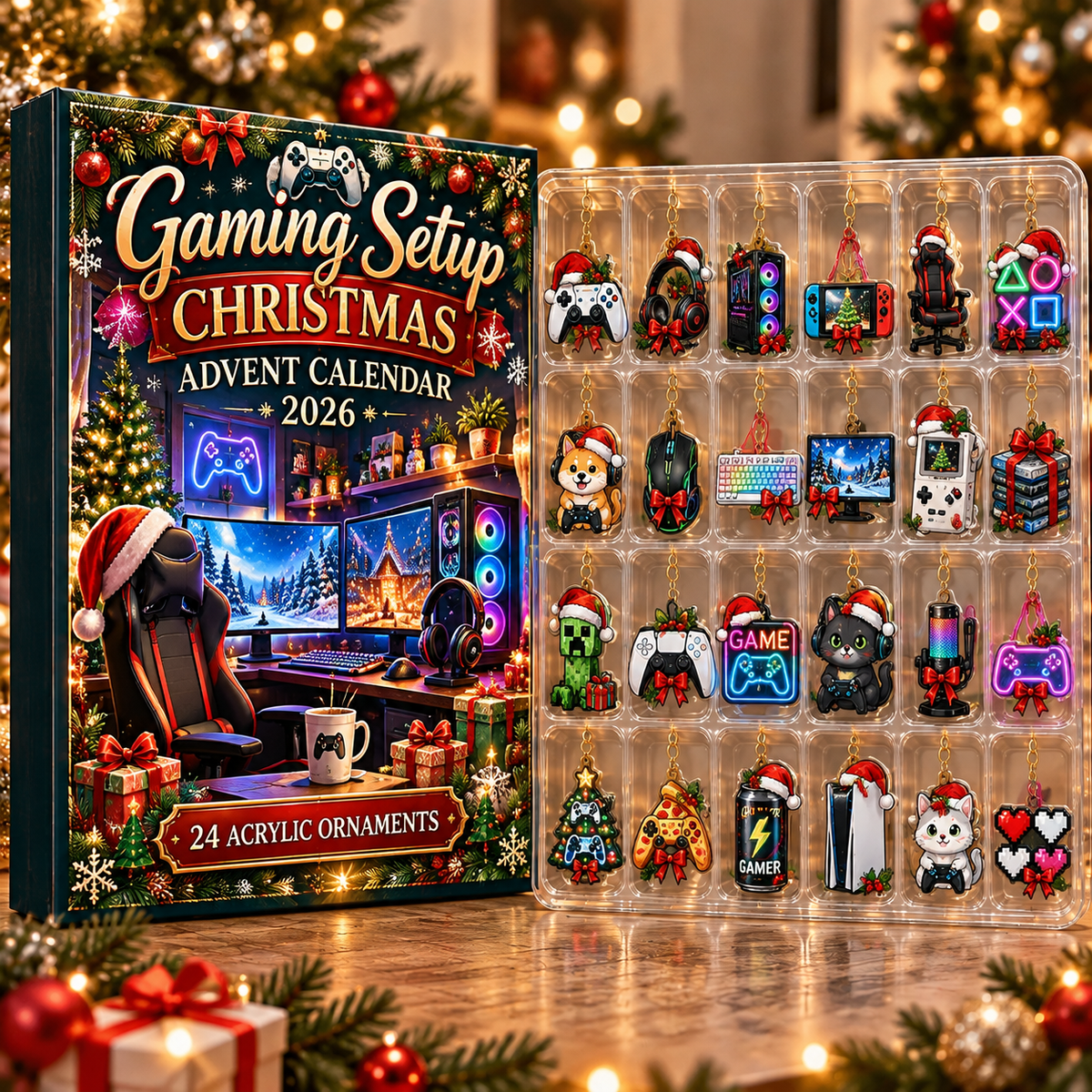 Gaming Setup Evergreen Advent Calendar HFN Gen Acrylic Ornament, Computer Desk Accessories Christmas Room Decor