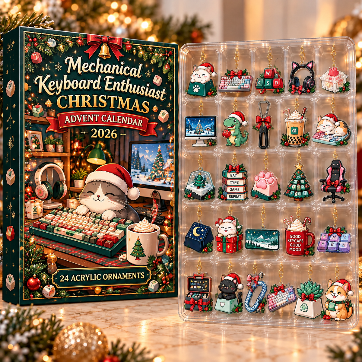 Mechanical Keyboard Enthusiast Evergreen Advent Calendar HFN Gen Acrylic Ornament, Custom Keycap Gaming Desk Decor