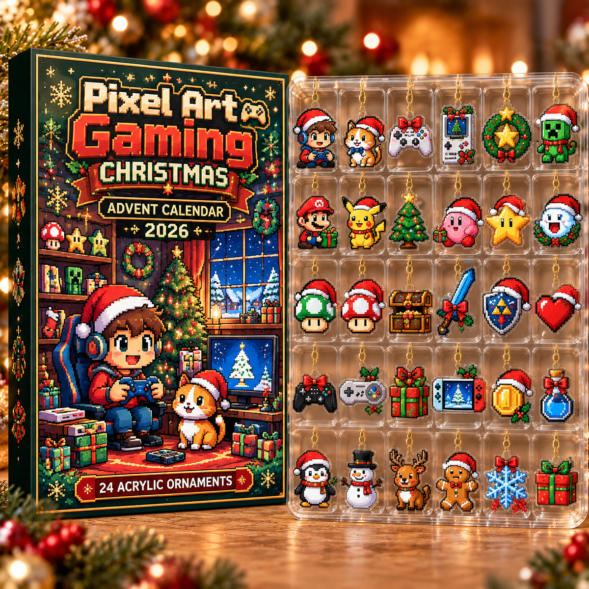 Pixel Art Gaming Evergreen Advent Calendar HFN Gen Acrylic Ornament, Retro Video Game Christmas Tree Decoration