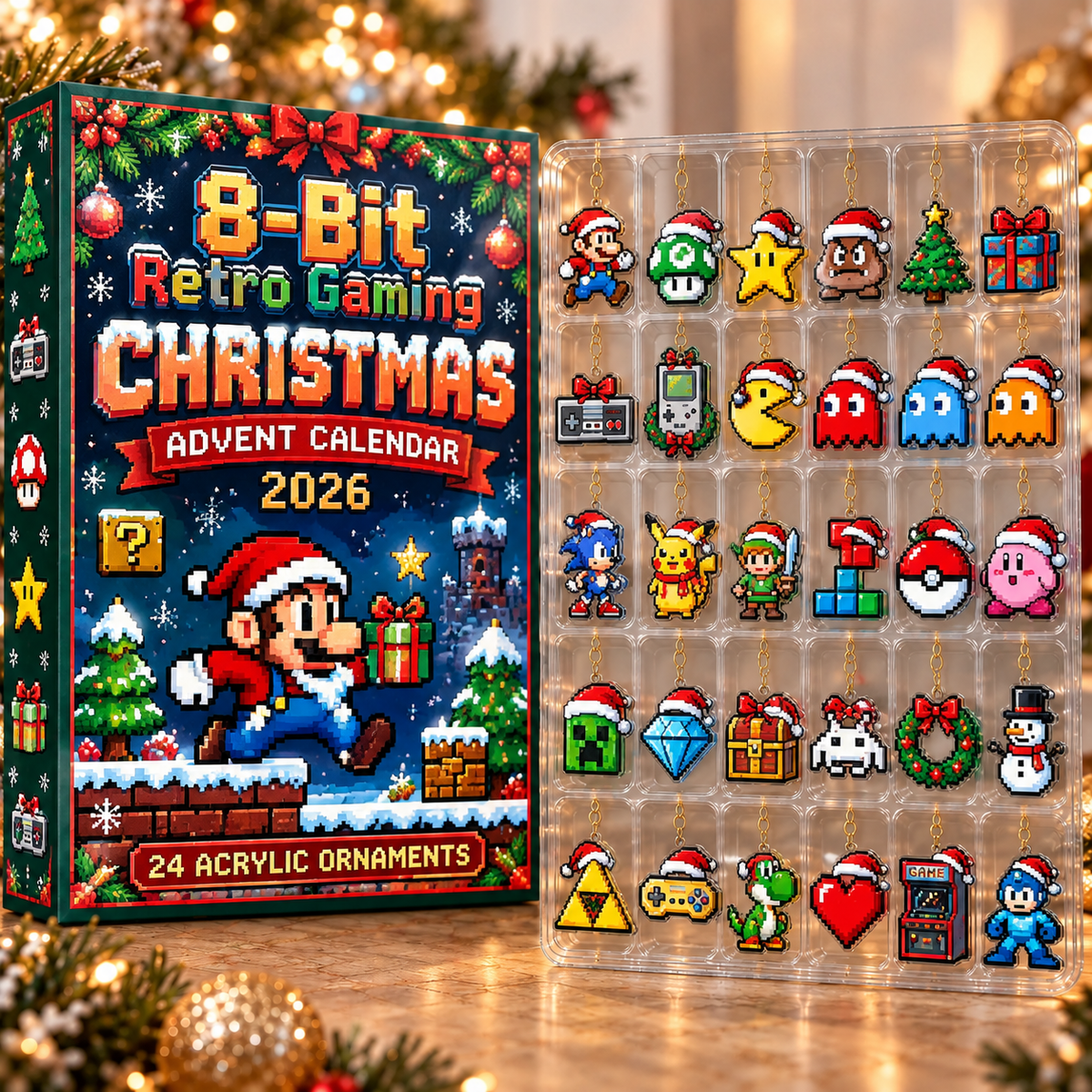 8-Bit Retro Gaming Evergreen Advent Calendar HFN Gen Acrylic Ornament, Pixel Video Game Christmas Tree Decor