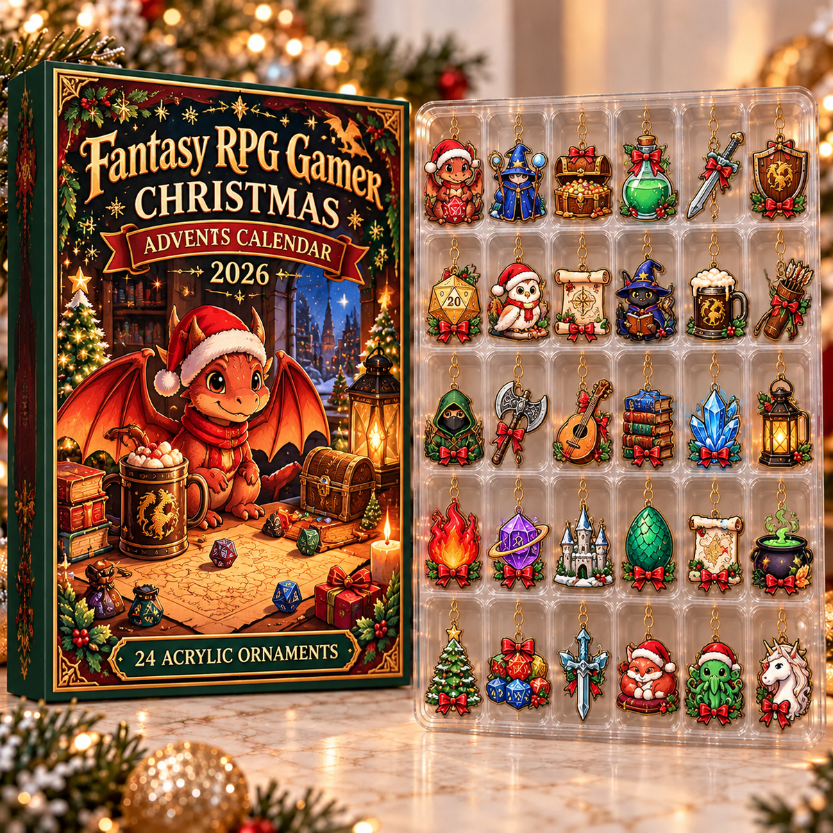 Fantasy Rpg Gamer Evergreen Advent Calendar HFN Gen Acrylic Ornament, Dragon Sword Adventure Christmas Tree Decor