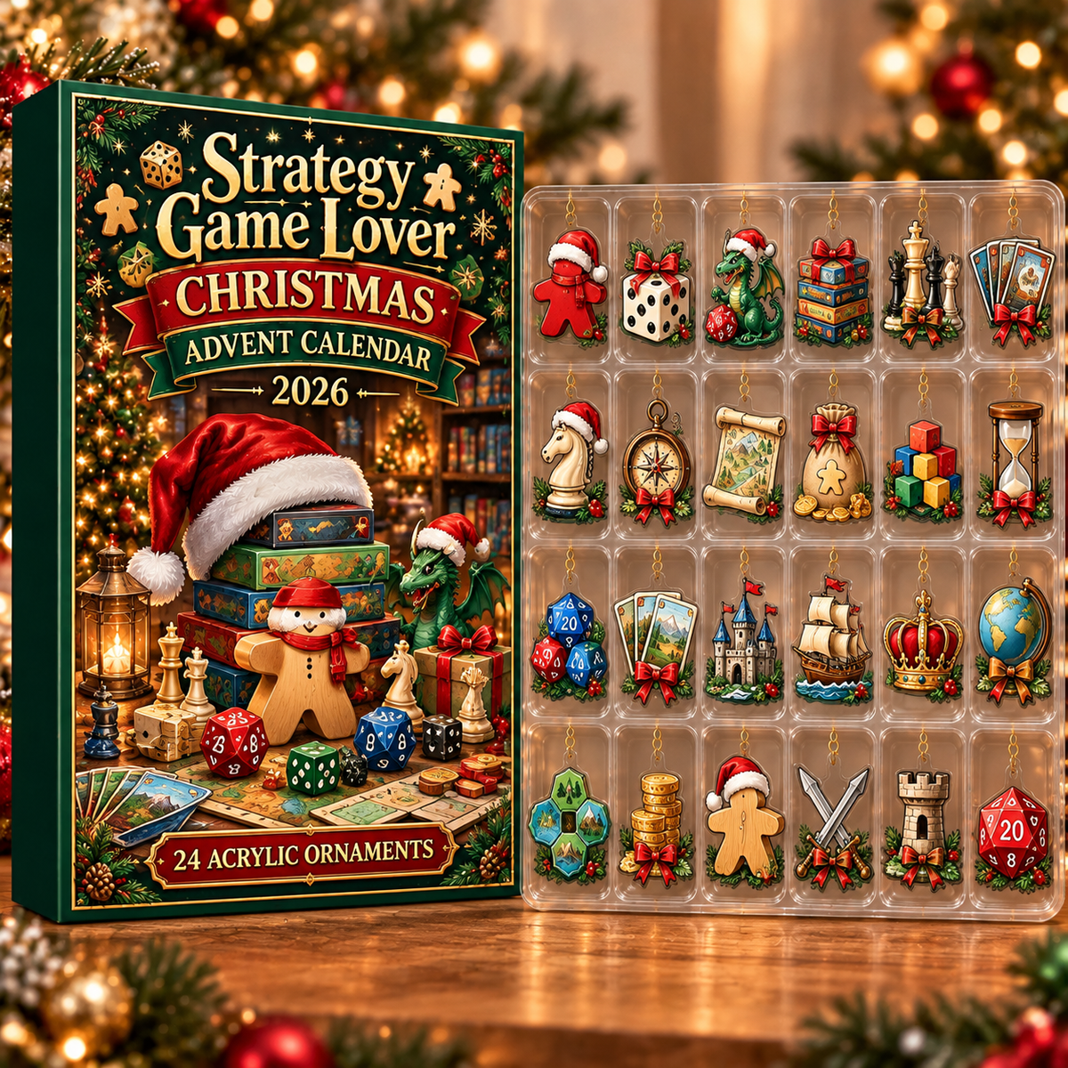 Strategy Game Lover Evergreen Advent Calendar HFN Gen Acrylic Ornament, Tactical Board Gaming Christmas Tree Decor