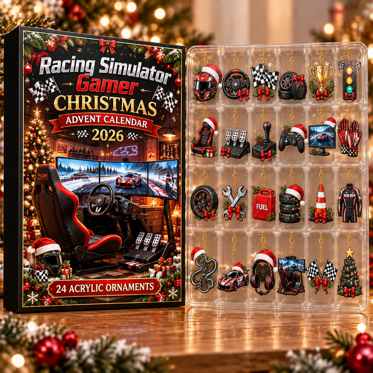 Racing Simulator Gamer Evergreen Advent Calendar HFN Gen Acrylic Ornament, Steering Wheel Driving Christmas Decor