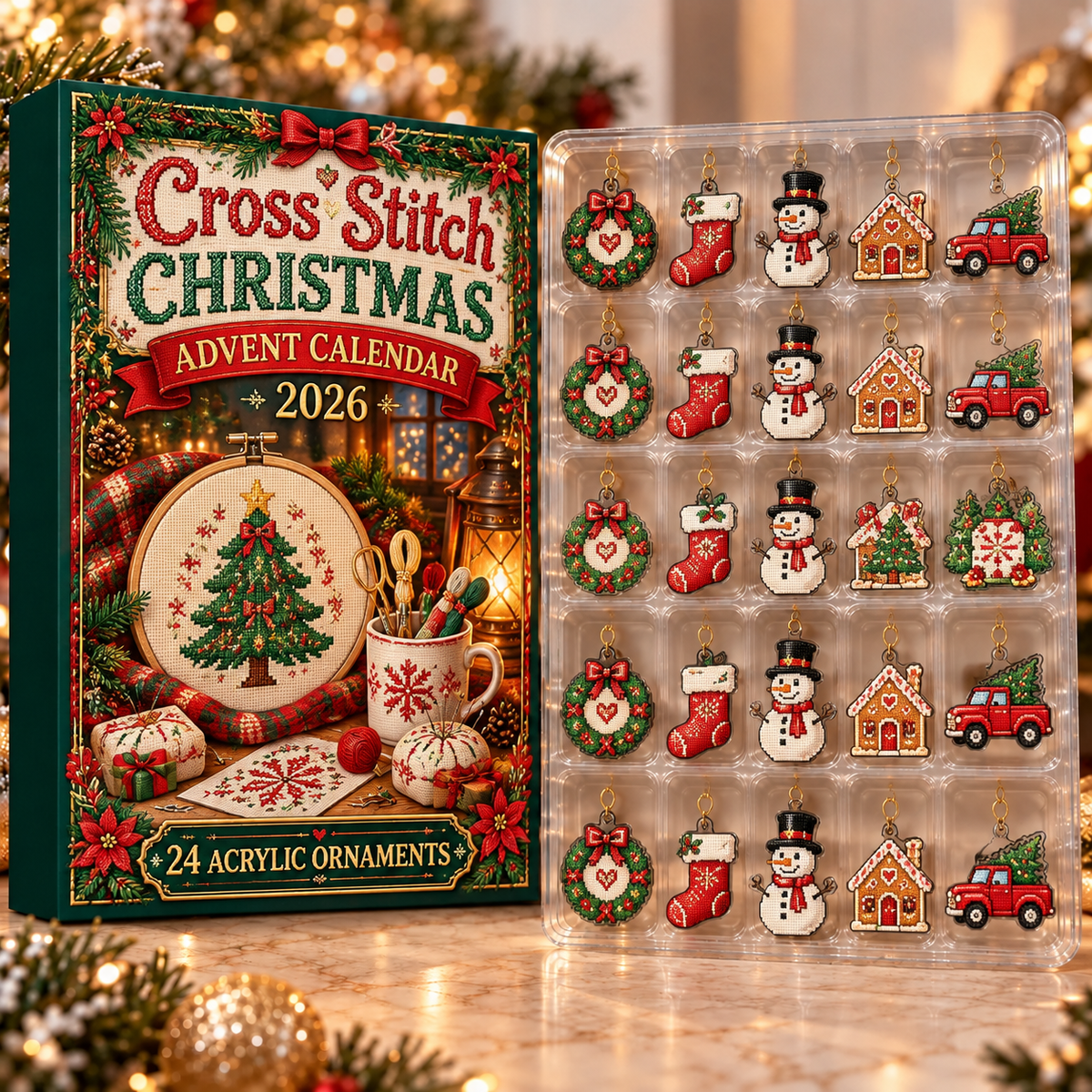 Cross Stitch Evergreen Advent Calendar HFN Gen Acrylic Ornament