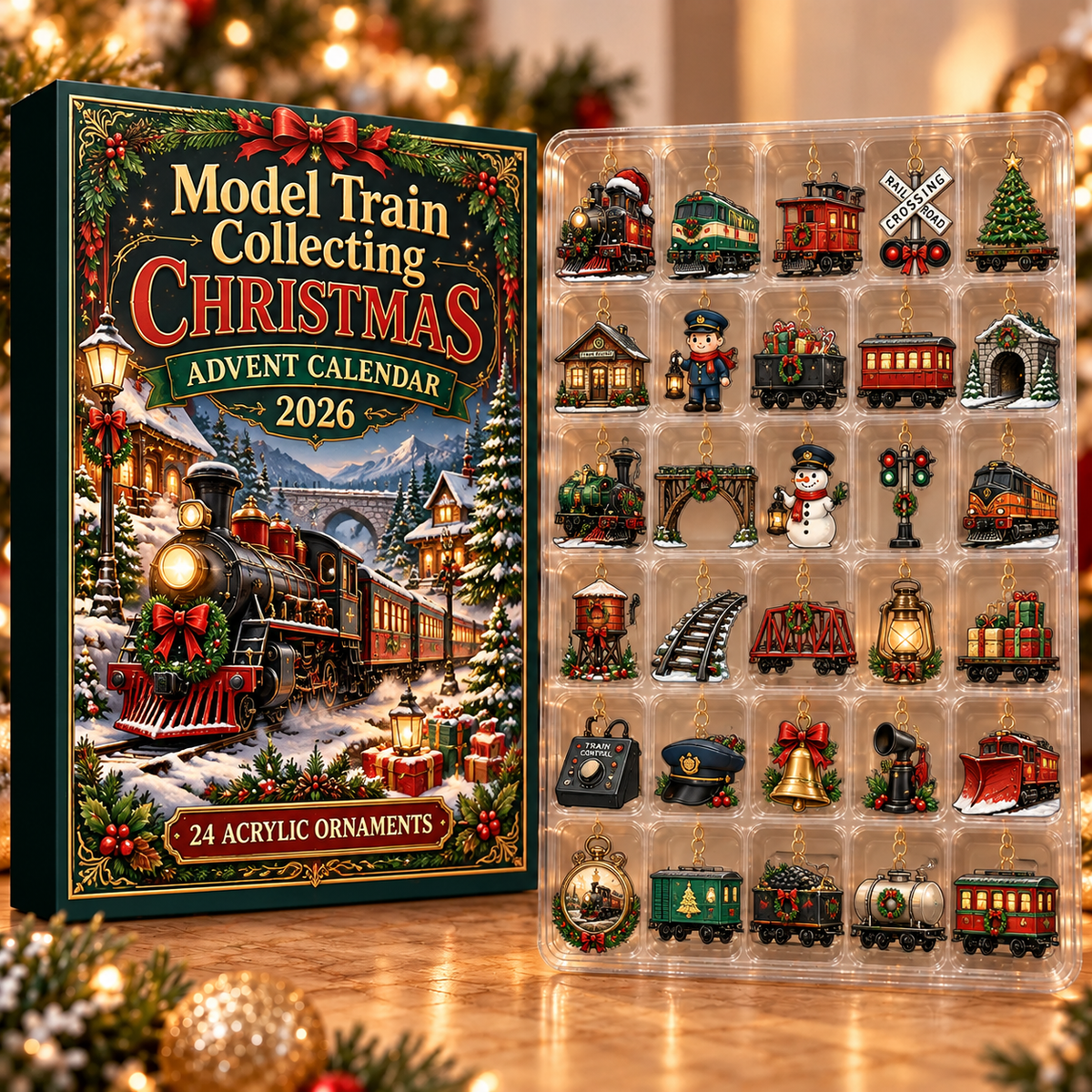 Model Train Collecting Evergreen Advent Calendar HFN Gen Acrylic Ornament