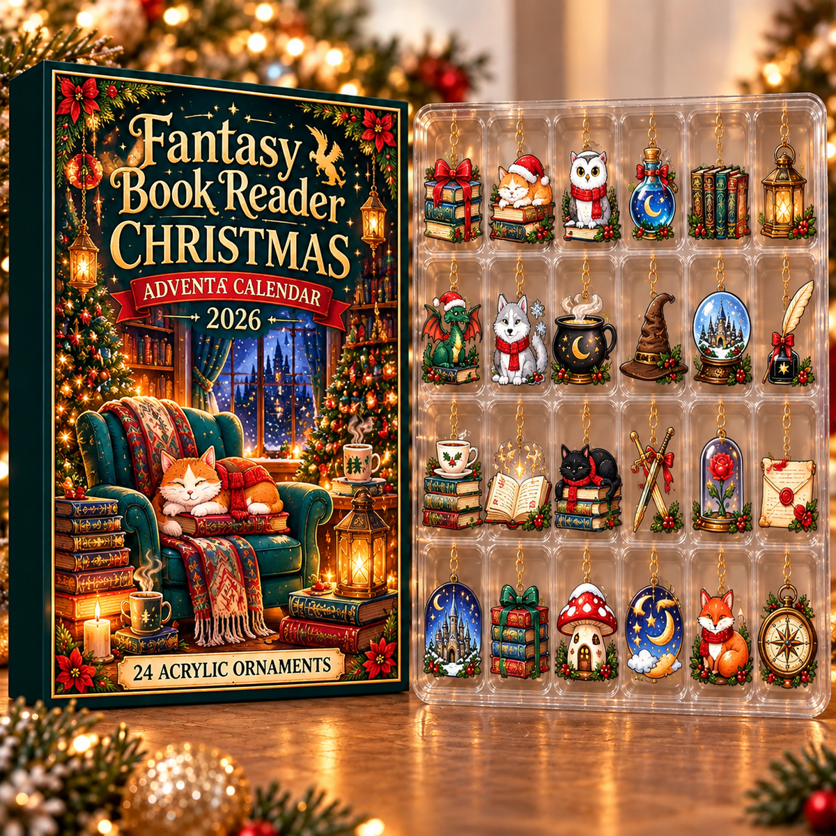 Fantasy Book Reader Evergreen Advent Calendar HFN Gen Acrylic Ornament