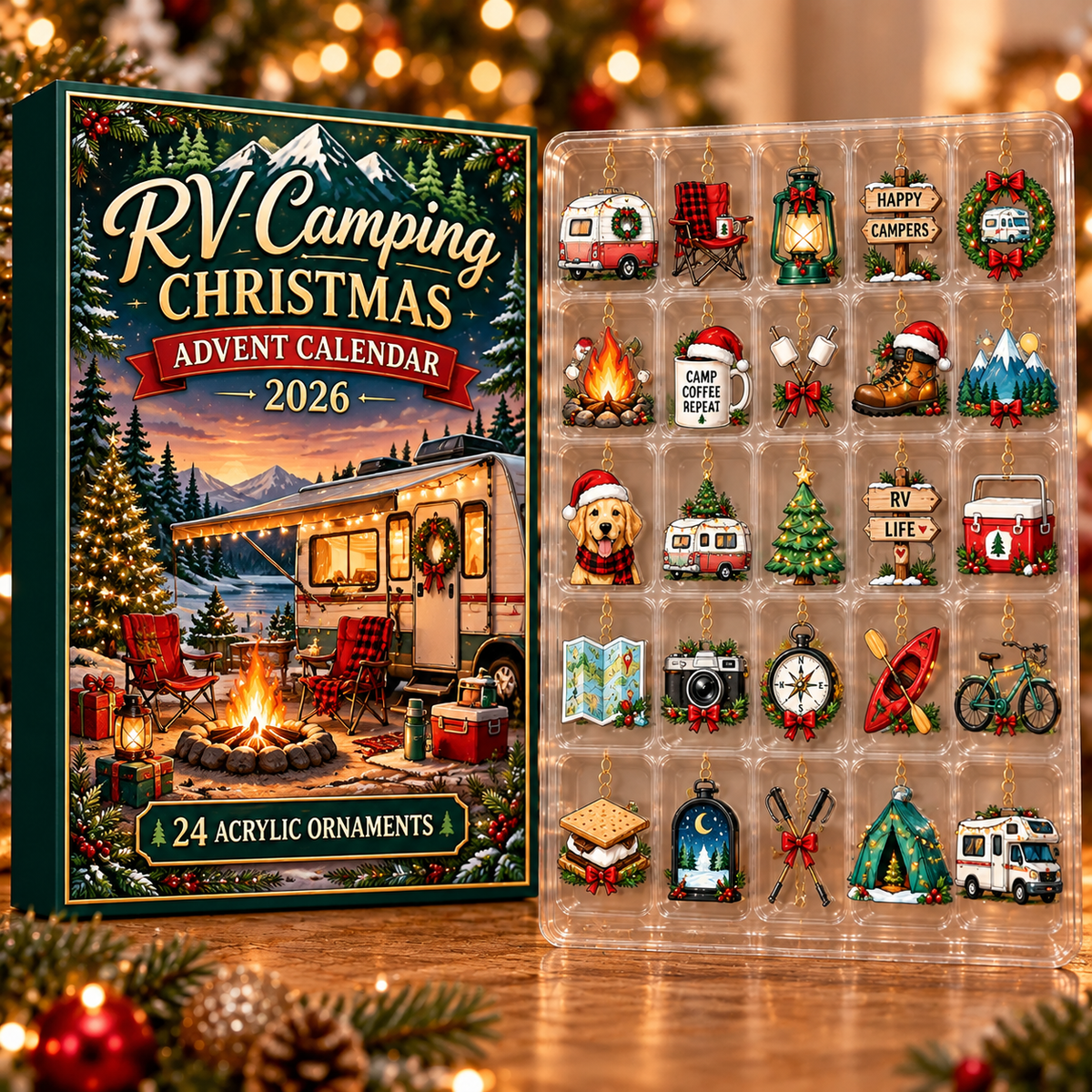 Rv Camping Evergreen Advent Calendar HFN Gen Acrylic Ornament, Camper Travel Keepsake for Holiday Tree Decor