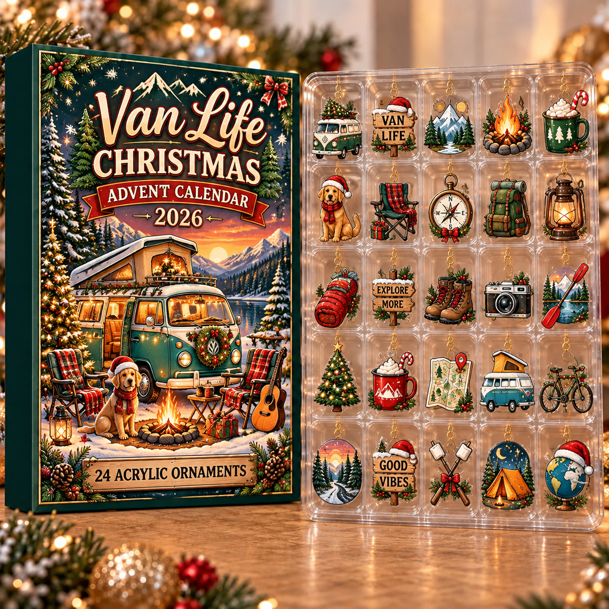 Van Life Evergreen Advent Calendar HFN Gen Acrylic Ornament, Nomad Road Trip Keepsake for Christmas Tree