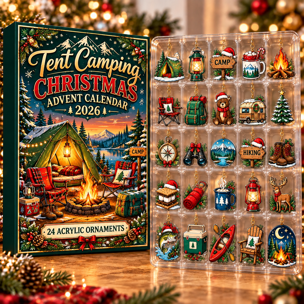 Tent Camping Evergreen Advent Calendar HFN Gen Acrylic Ornament, Woodland Adventure Keepsake for Holiday Tree