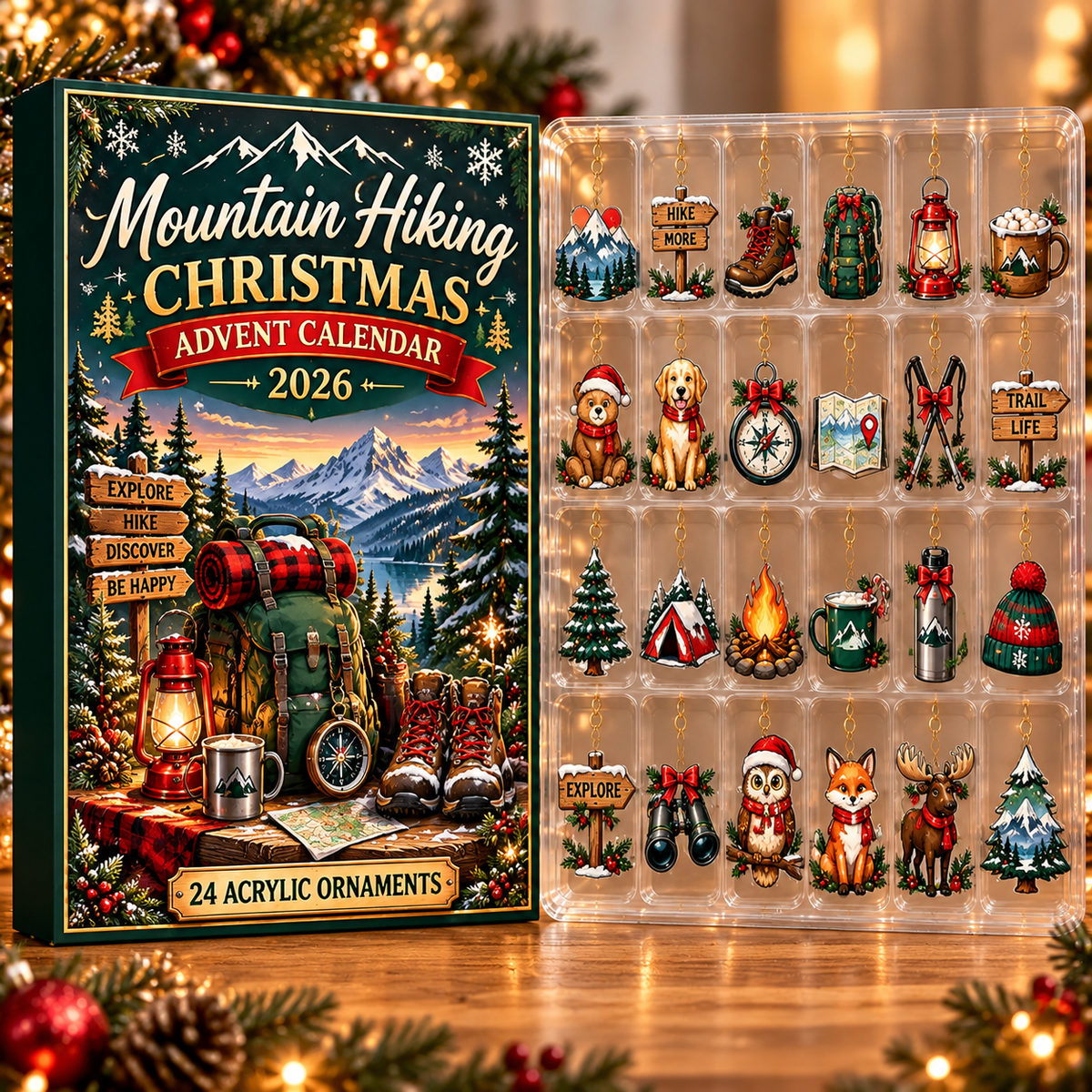 Mountain Hiking Evergreen Advent Calendar HFN Gen Acrylic Ornament, Alpine Summit Keepsake for Christmas Tree