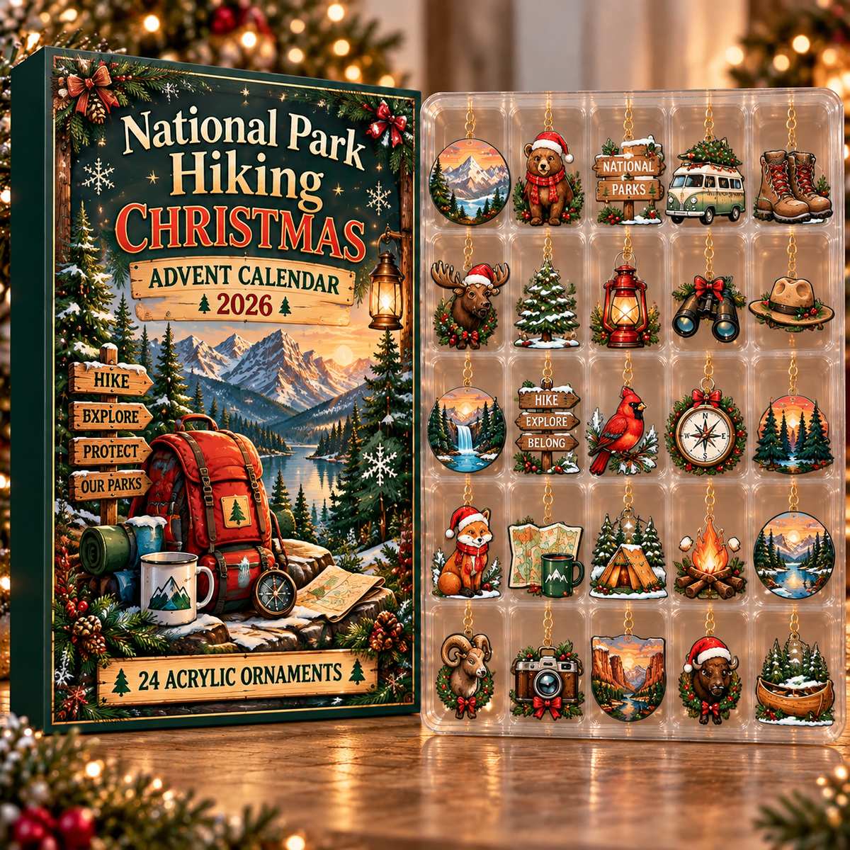 National Park Hiking Evergreen Advent Calendar HFN Gen Acrylic Ornament, Scenic Wilderness Keepsake for Holiday Tree