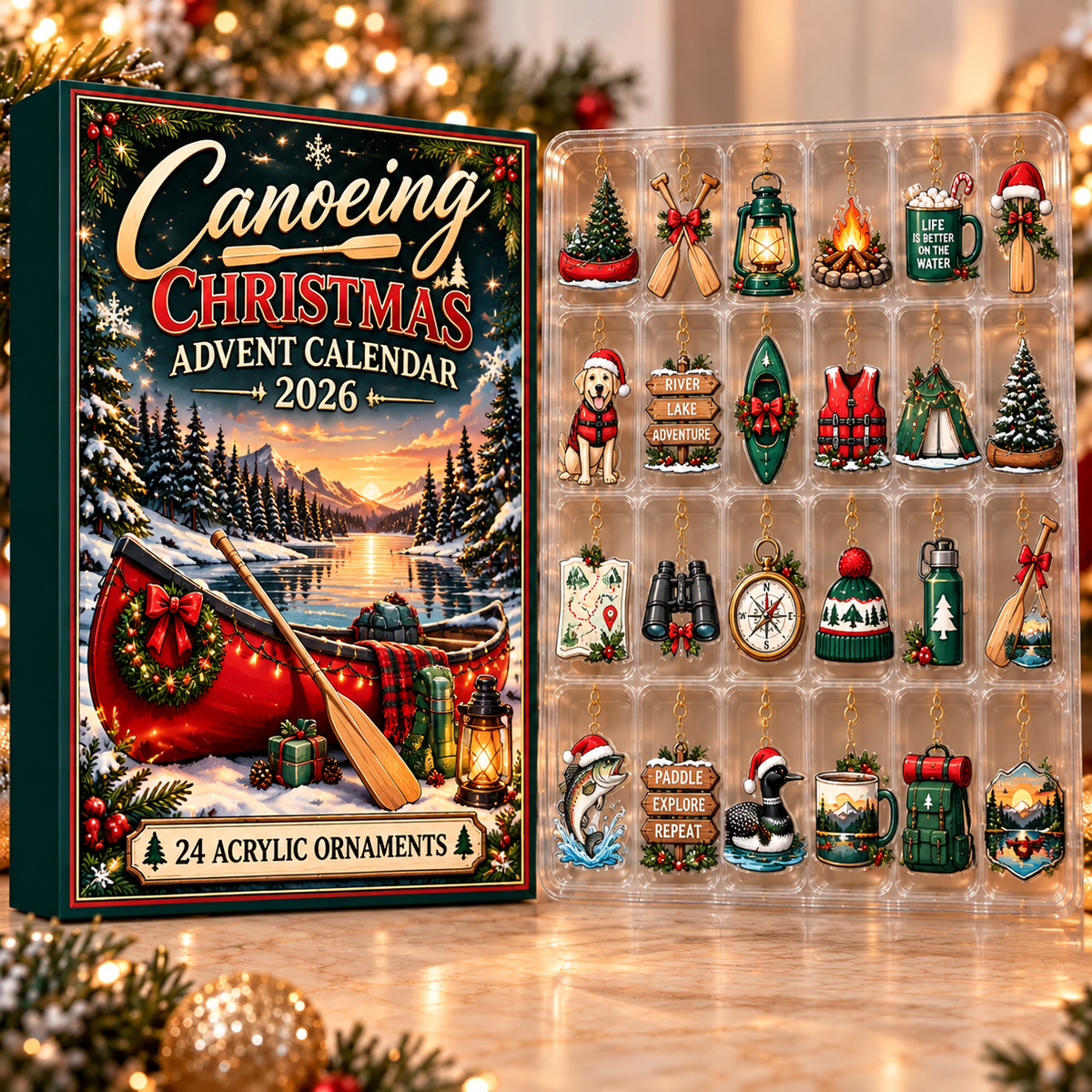 Canoeing Evergreen Advent Calendar HFN Gen Acrylic Ornament, Lake Adventure Keepsake for Holiday Tree