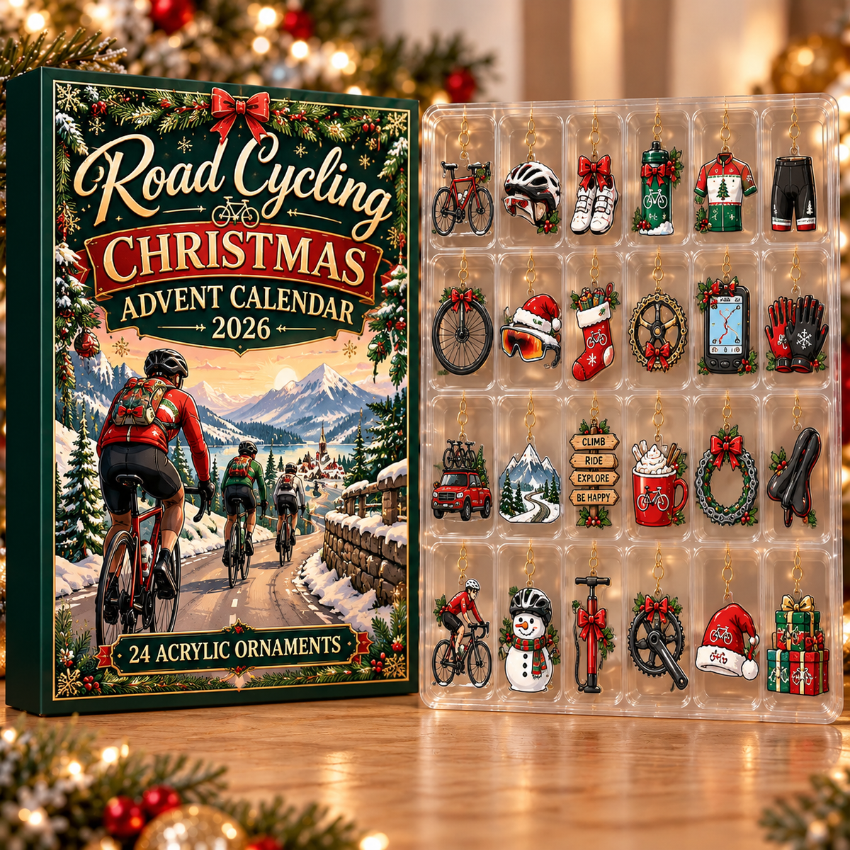 Road Cycling Evergreen Advent Calendar HFN Gen Acrylic Ornament, Bike Adventure Keepsake for Christmas Tree