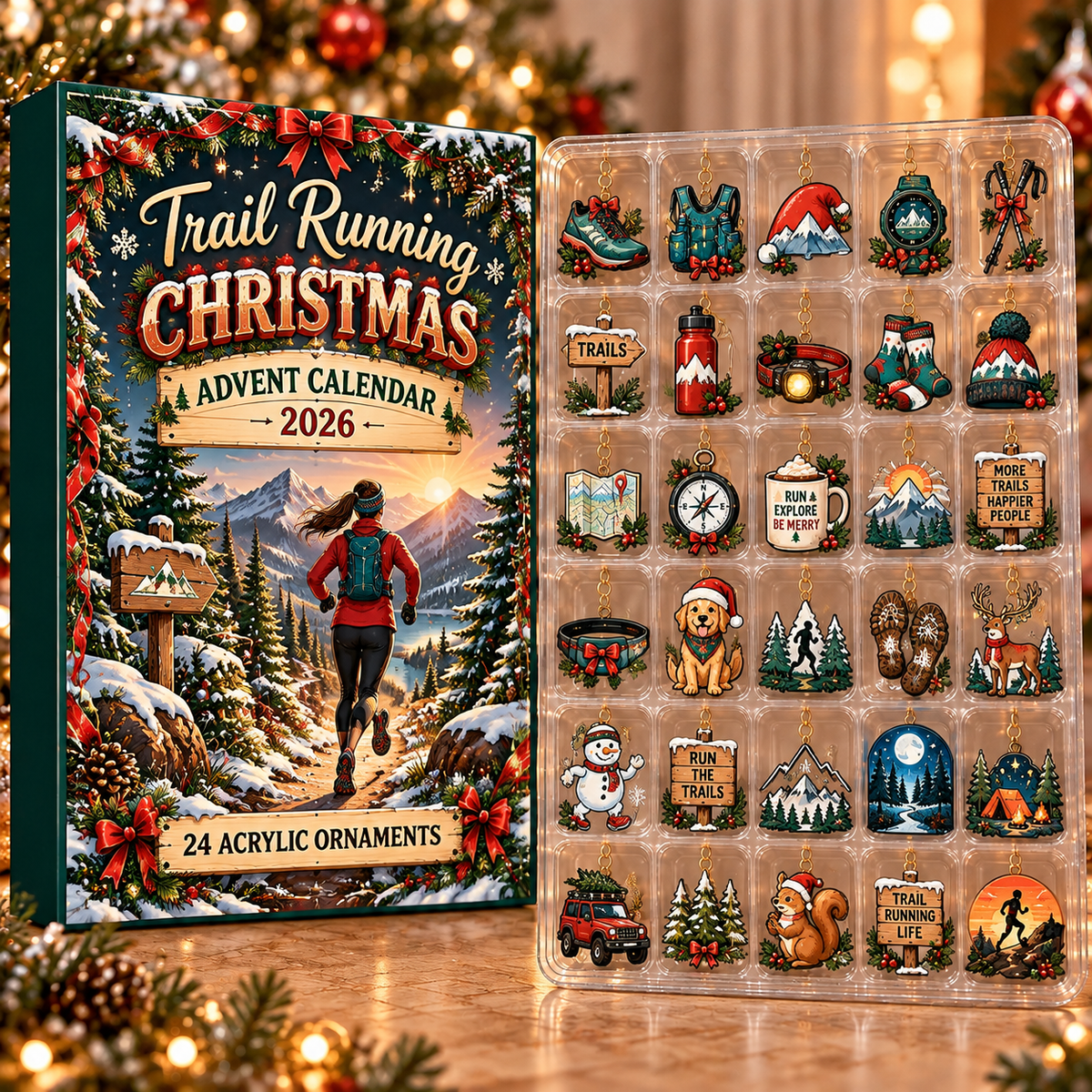 Trail Running Evergreen Advent Calendar HFN Gen Acrylic Ornament, Endurance Adventure Keepsake for Holiday Tree