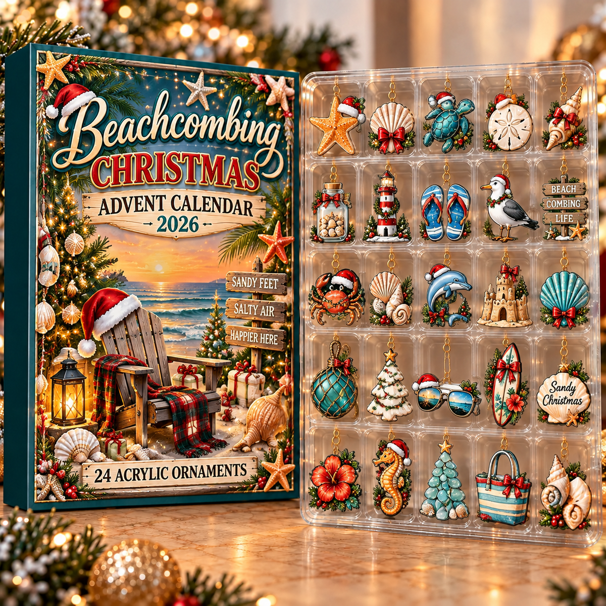 Beachcombing Evergreen Advent Calendar HFN Gen Acrylic Ornament, Seashell Shore Keepsake for Christmas Tree