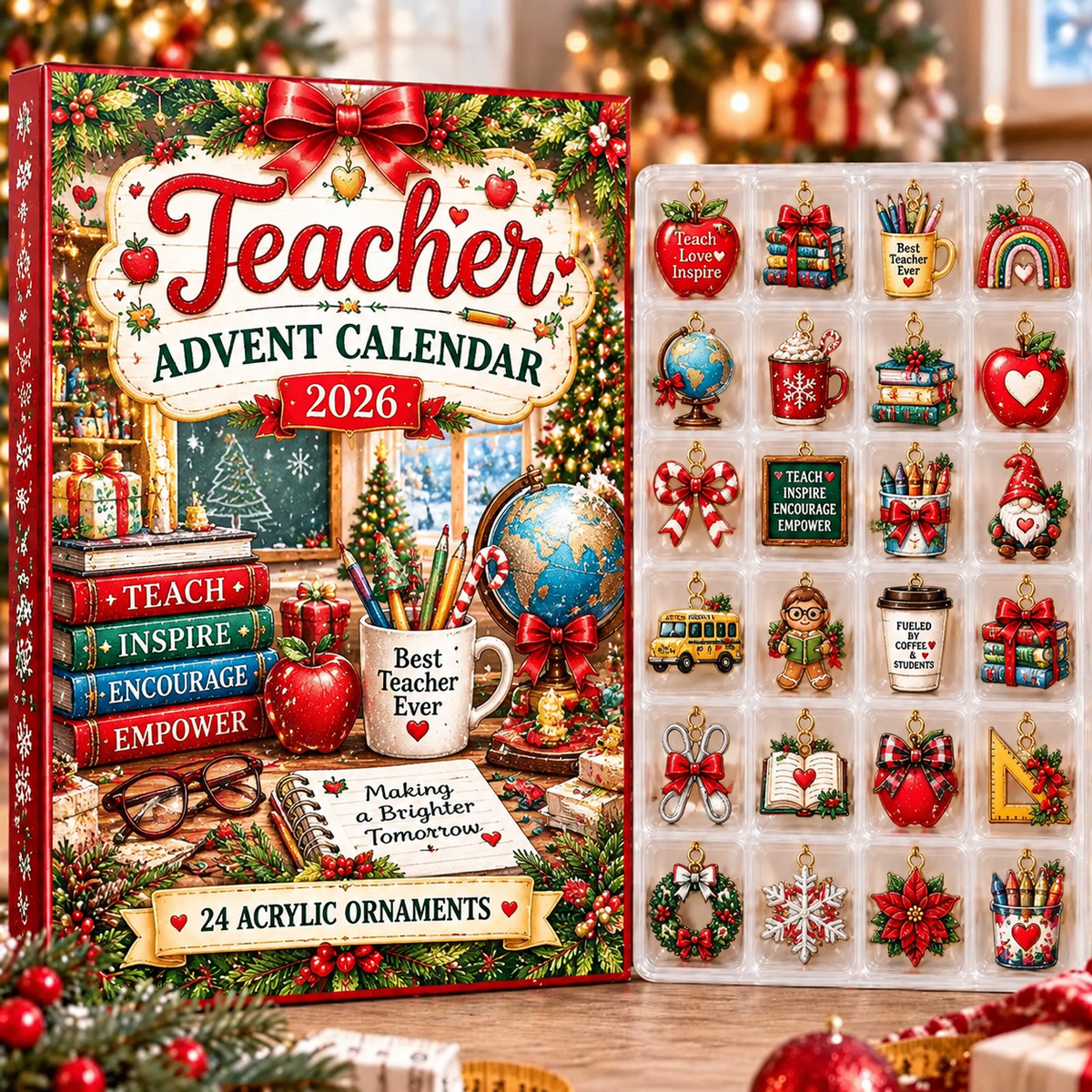 Teacher HG AI Advent Calendar 2026, 24 Acrylic Ornaments, Christmas Countdown Blind Box Holiday Gift