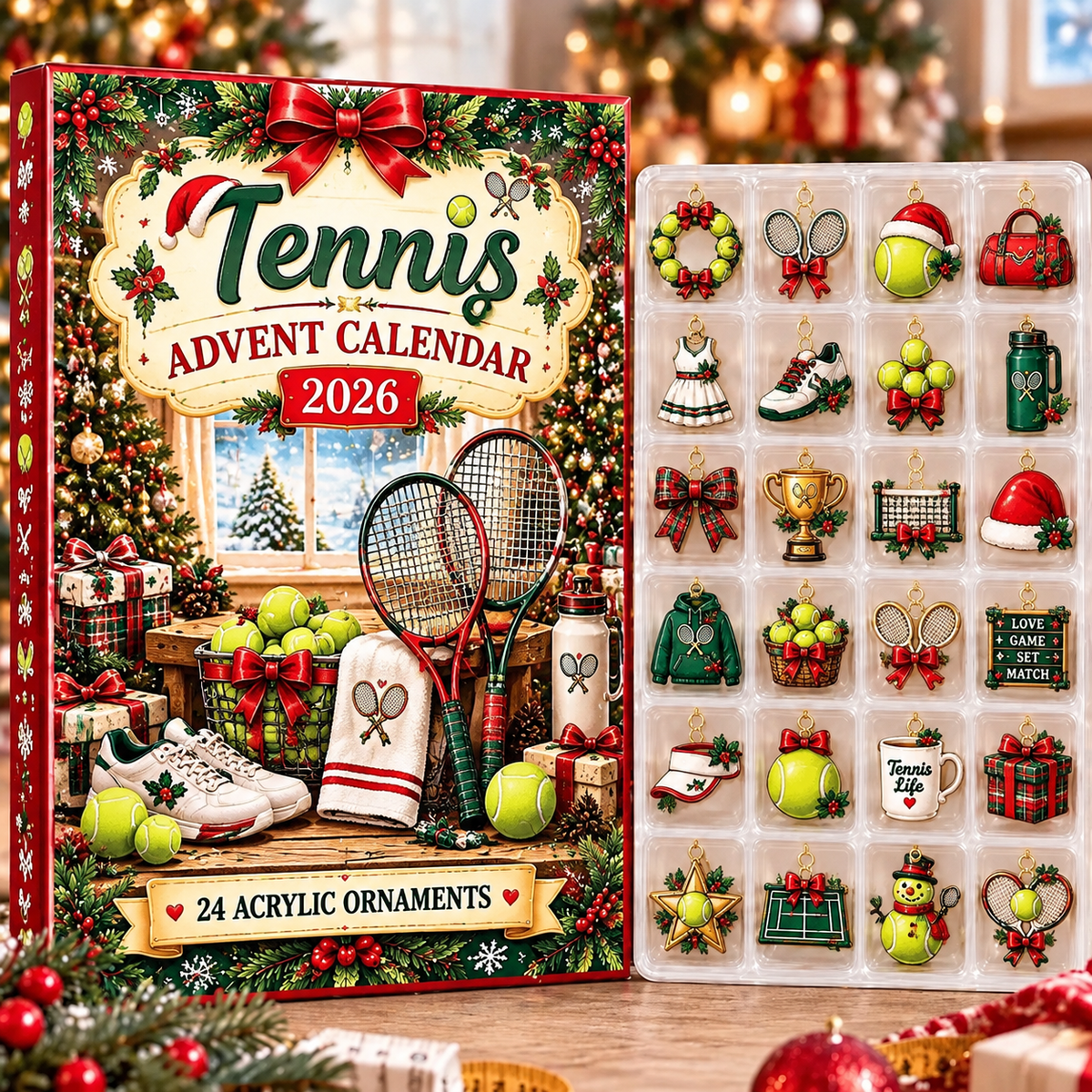 Tennis HG AI Advent Calendar 2026, 24 Acrylic Ornaments, Christmas Countdown Blind Box Holiday Gift