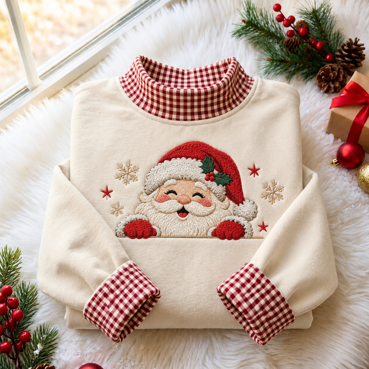Santa Claus Christmas Gingham HFN Gen Embroidered Shirt
