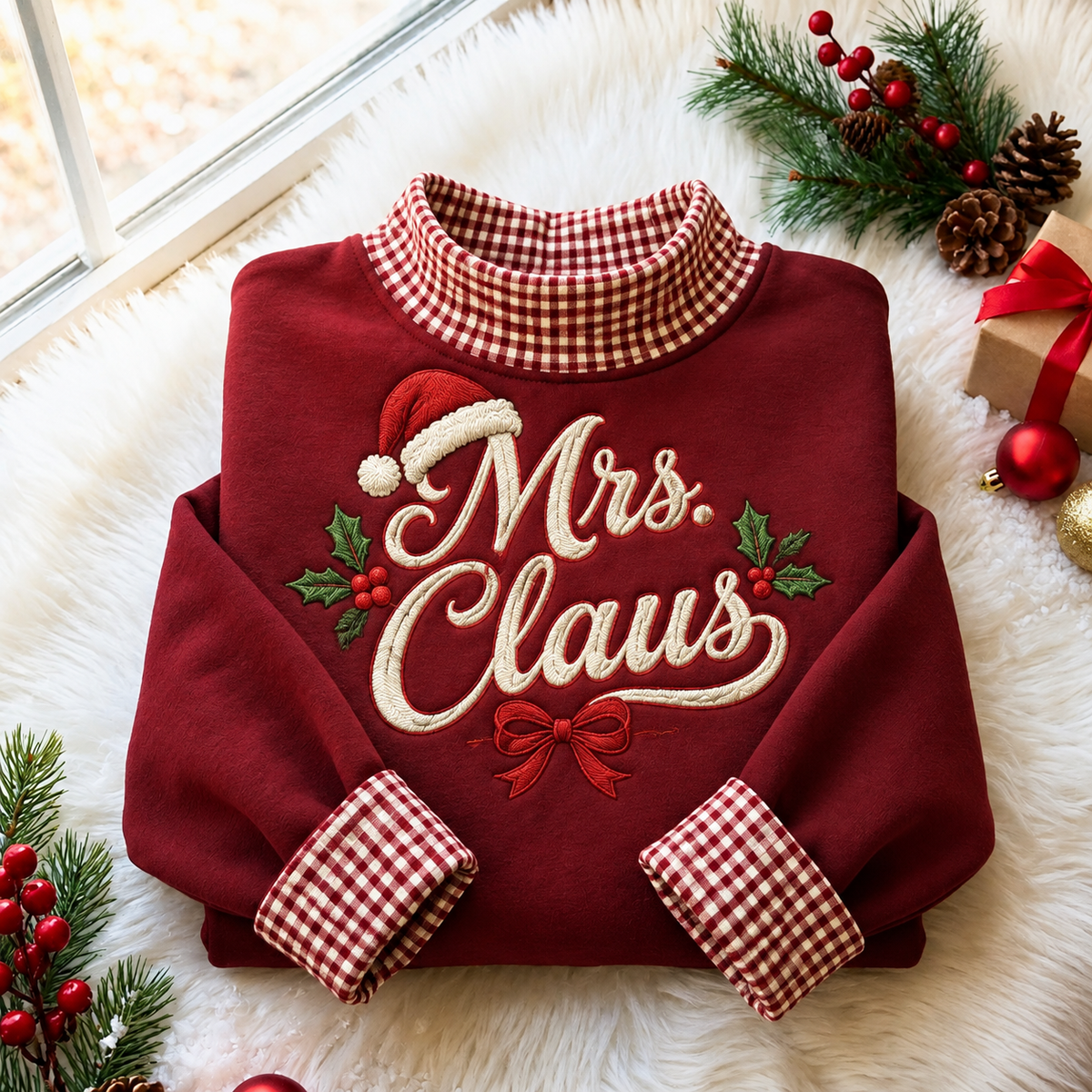Mrs. Claus Christmas Gingham HFN Gen Embroidered Shirt