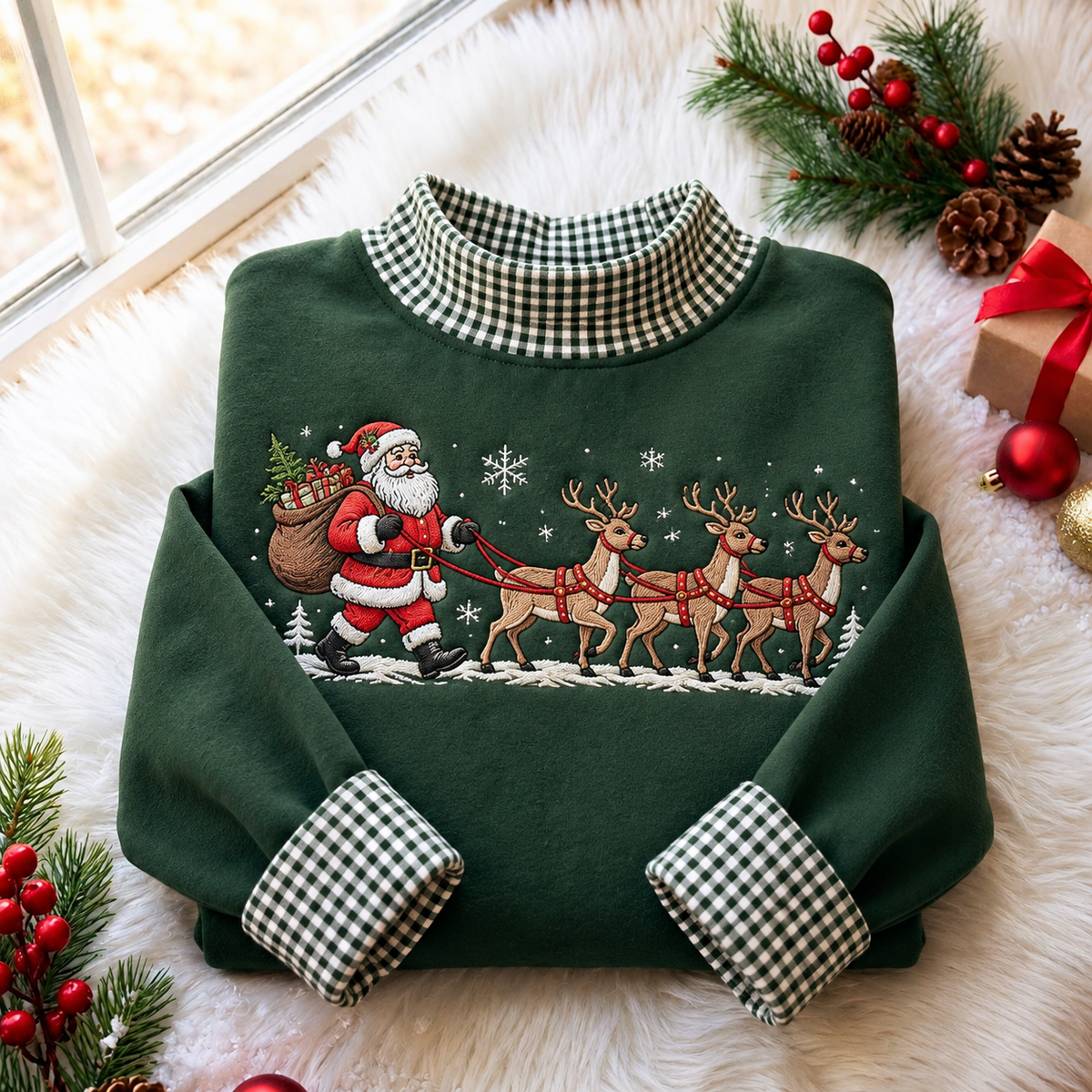Santa And His Reindeer Christmas Gingham HFN Gen Embroidered Shirt