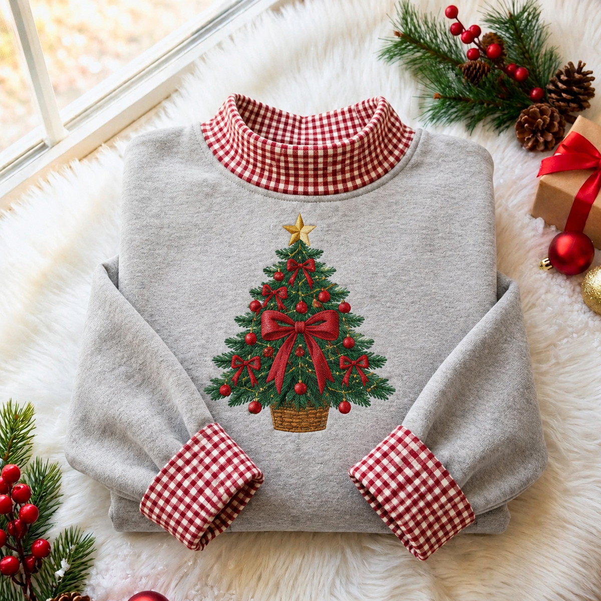 Vintage Tree Christmas Gingham HFN Gen Embroidered Shirt