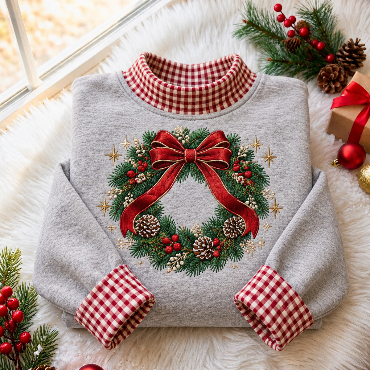 Wreath And Bows Christmas Gingham HFN Gen Embroidered Shirt