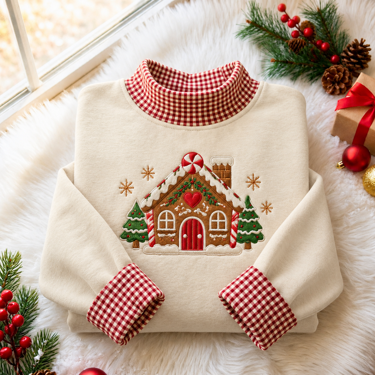 Gingerbread House Christmas Gingham HFN Gen Embroidered Shirt