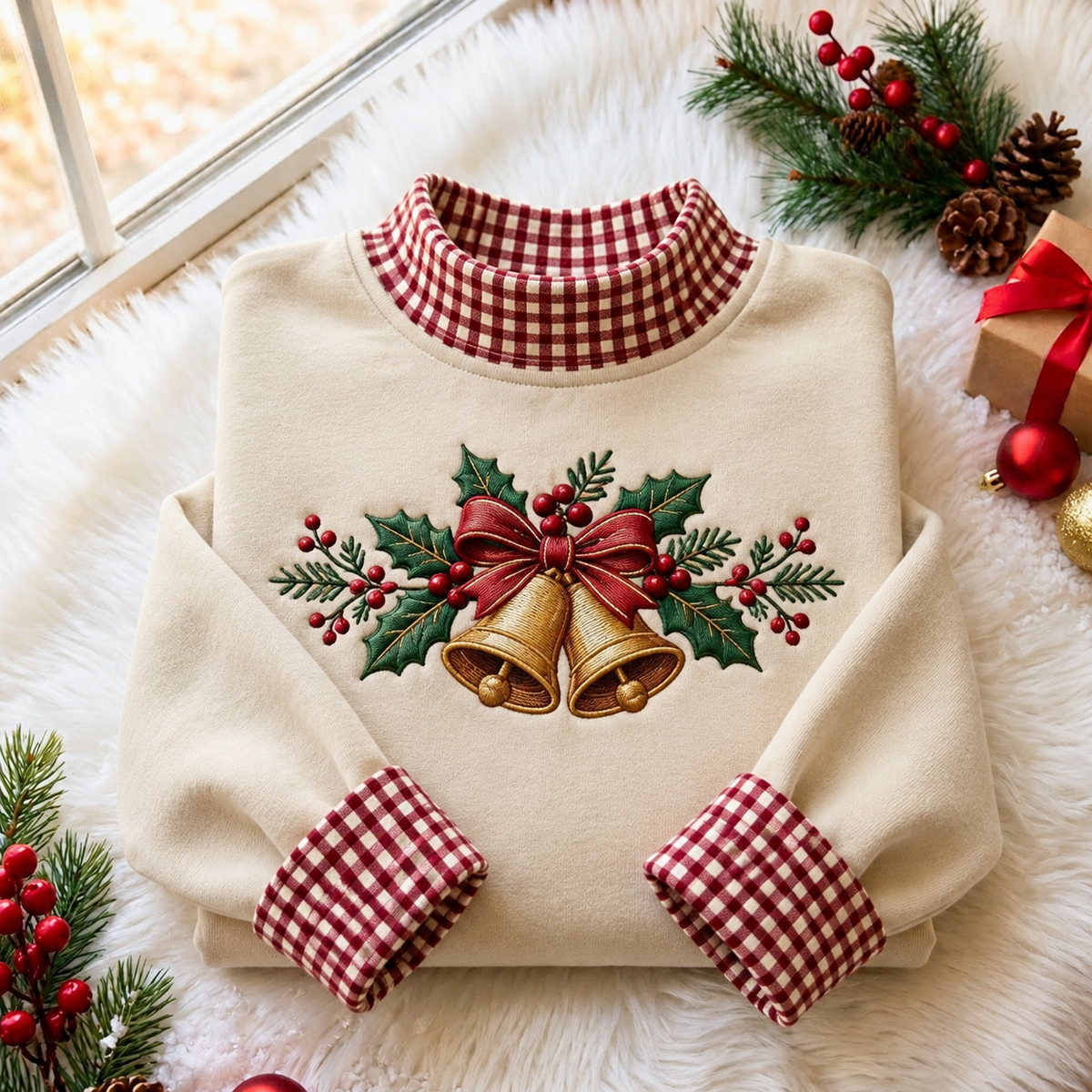 Bells And Holly Christmas Gingham HFN Gen Embroidered Shirt