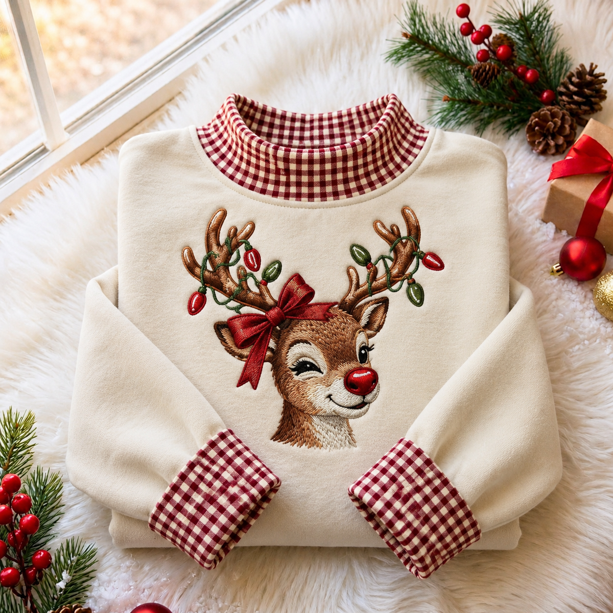 Reindeer Christmas Gingham HFN Gen Embroidered Shirt