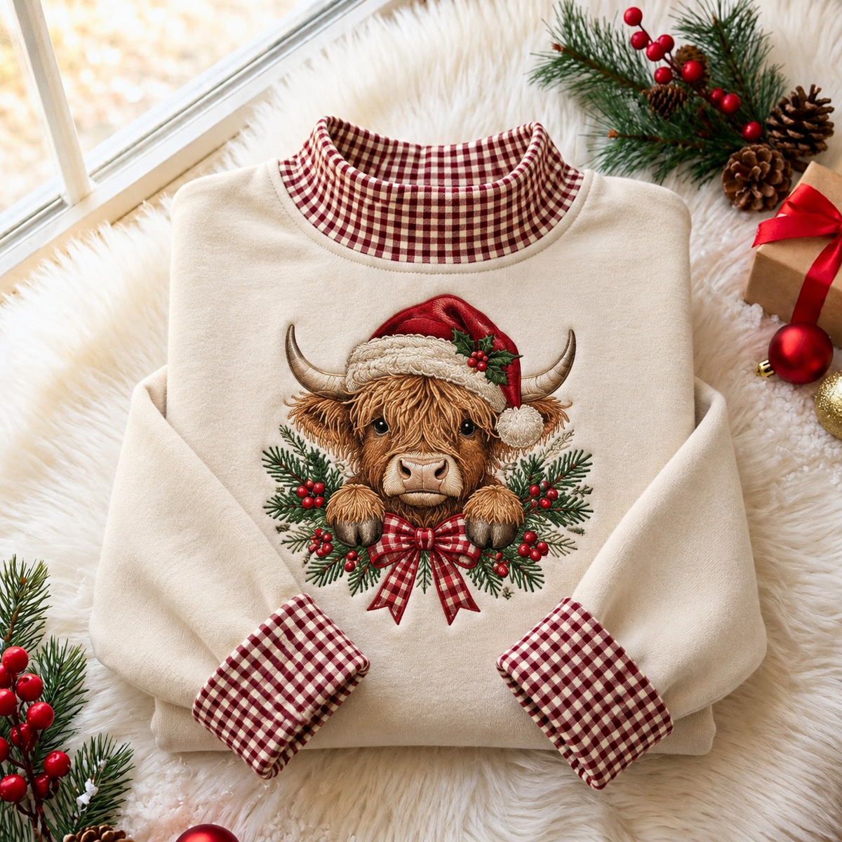 Highland Cow Christmas Gingham HFN Gen Embroidered Shirt