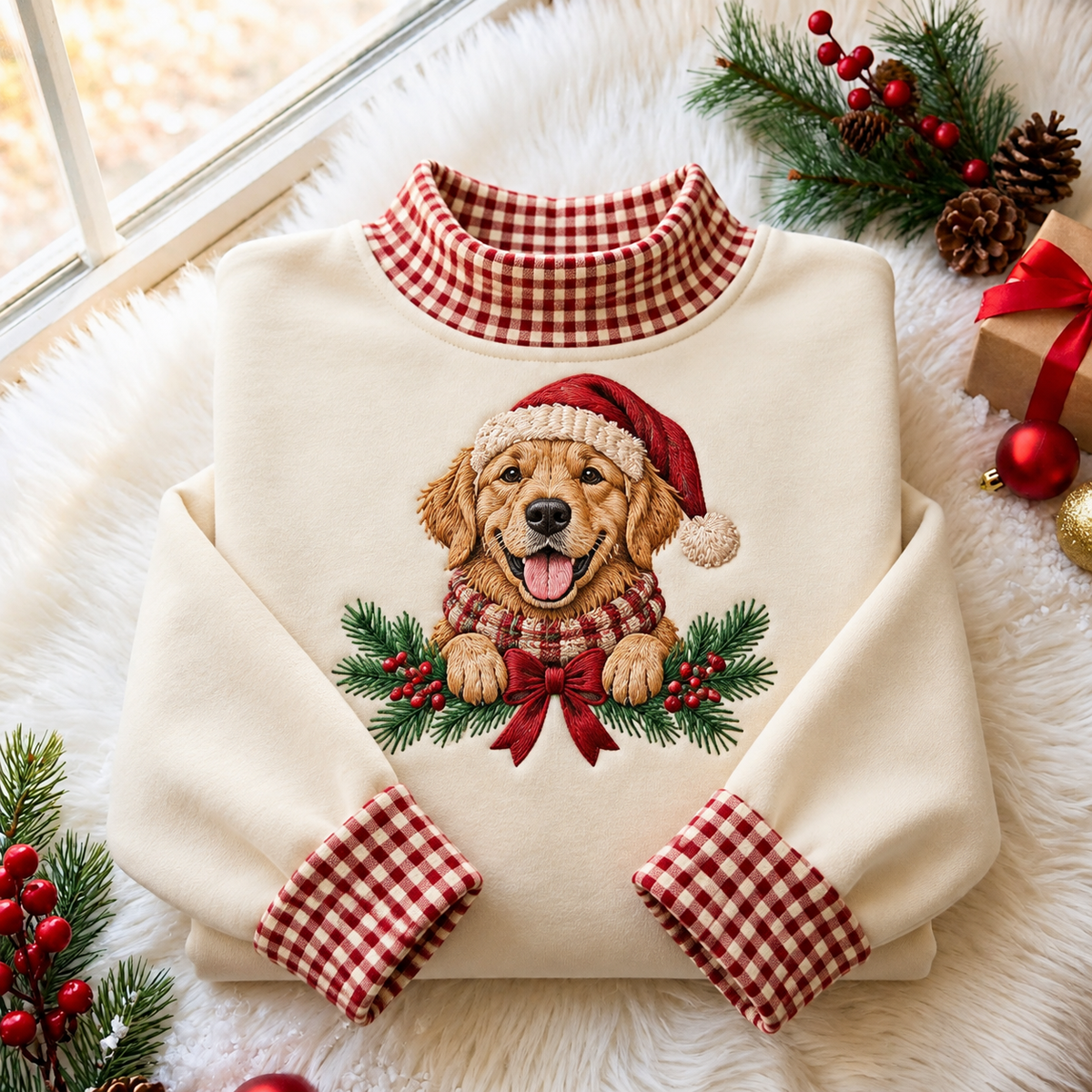 Golden Retriever Christmas Gingham HFN Gen Embroidered Shirt