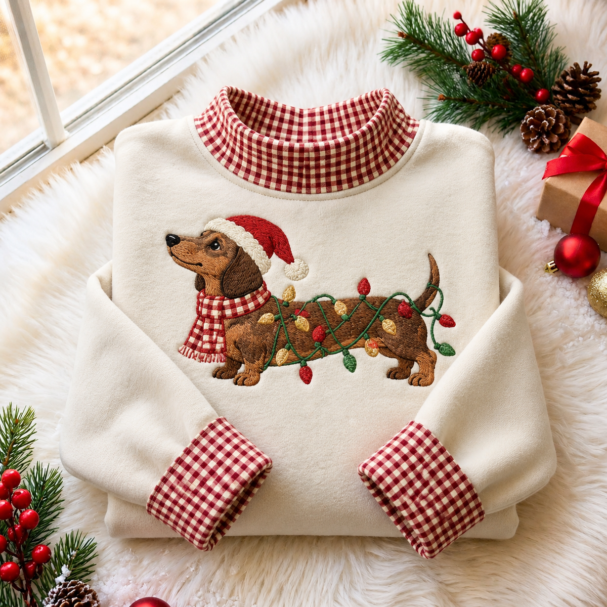 Dachshund Christmas Gingham HFN Gen Embroidered Shirt