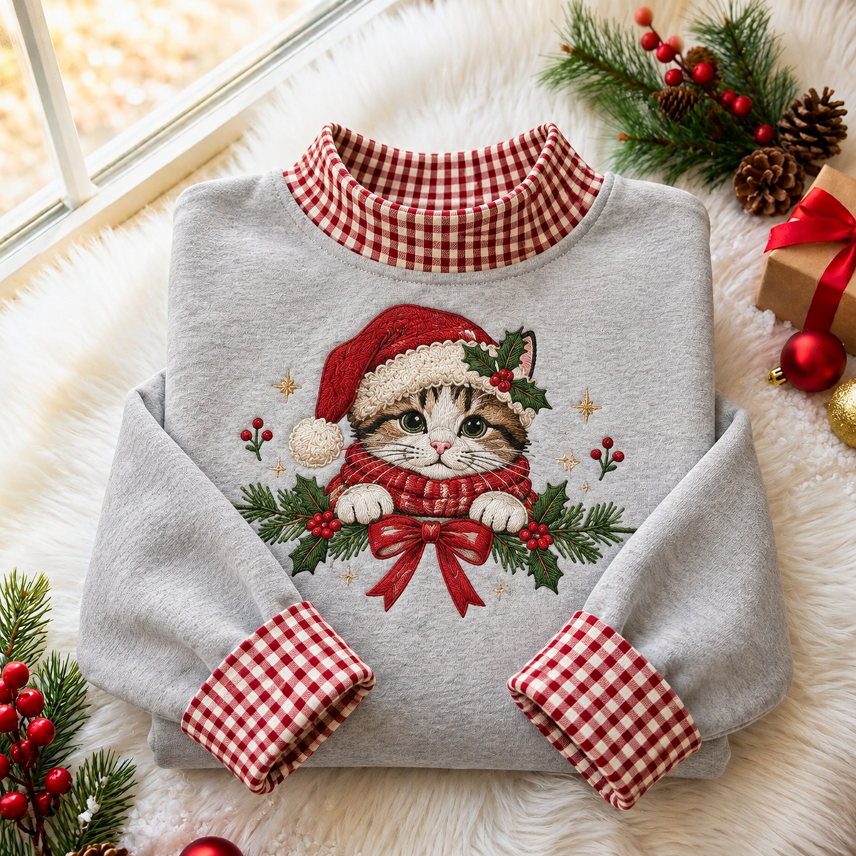 Cat Christmas Gingham HFN Gen Embroidered Shirt