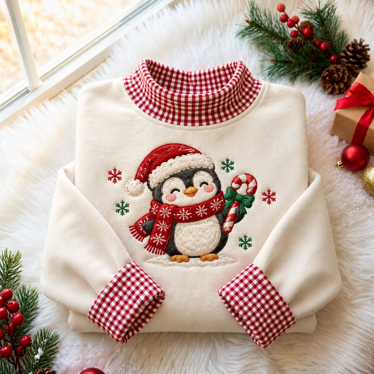 Penguin Christmas Gingham HFN Gen Embroidered Shirt