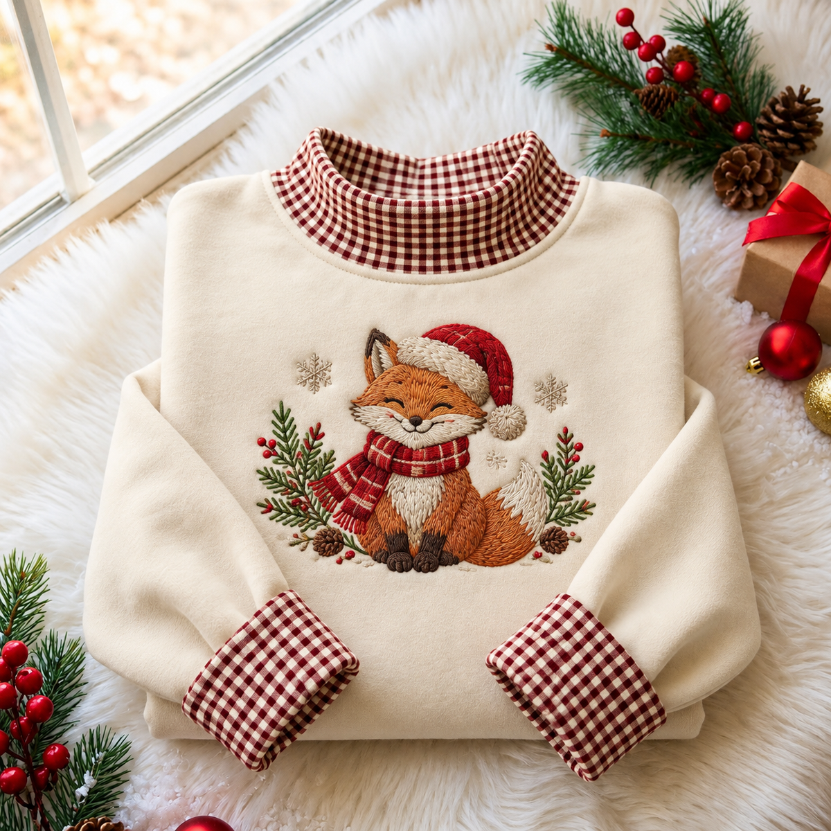 Fox Christmas Gingham HFN Gen Embroidered Shirt